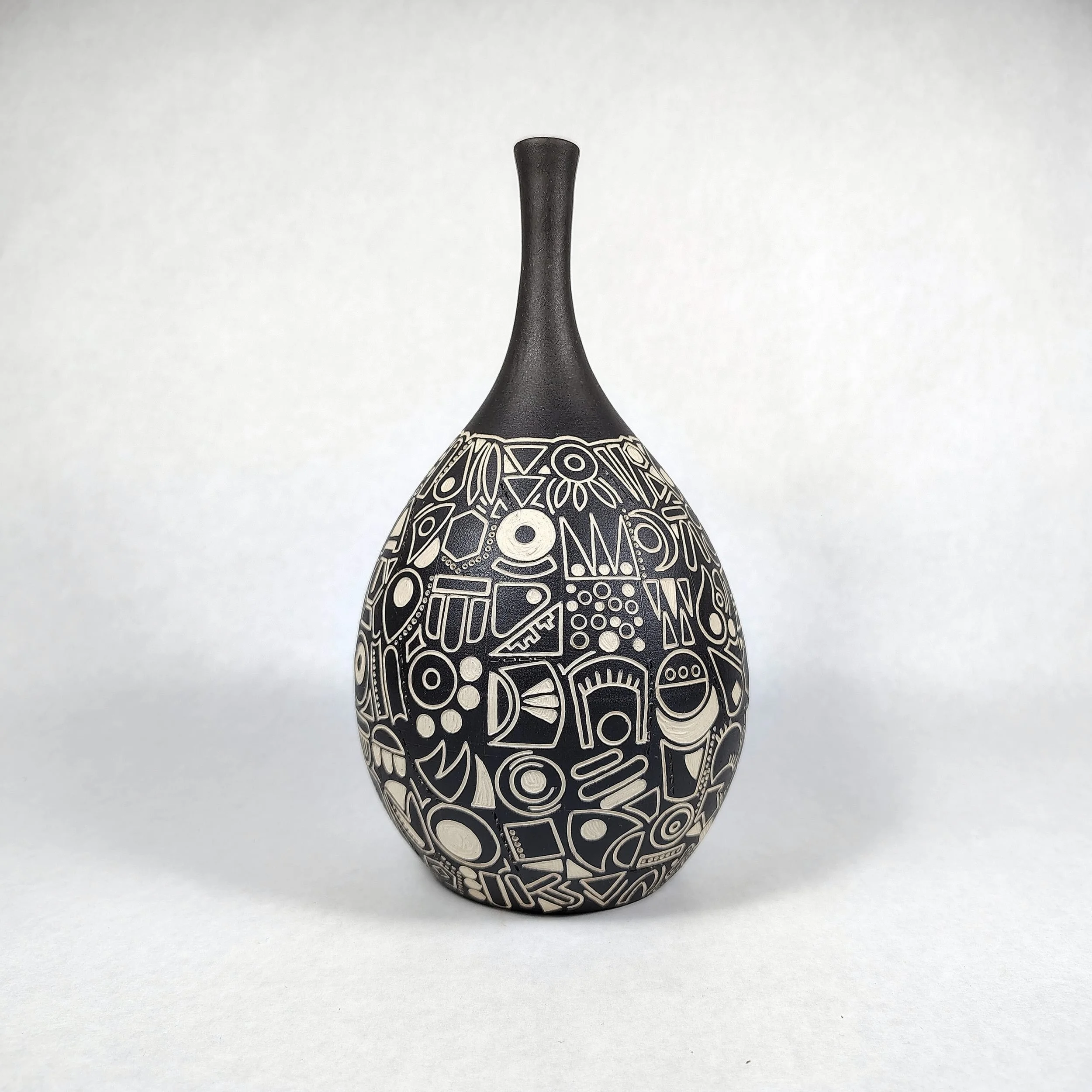 Vase, Symbols & Shapes, Tall Thin Neck, Black