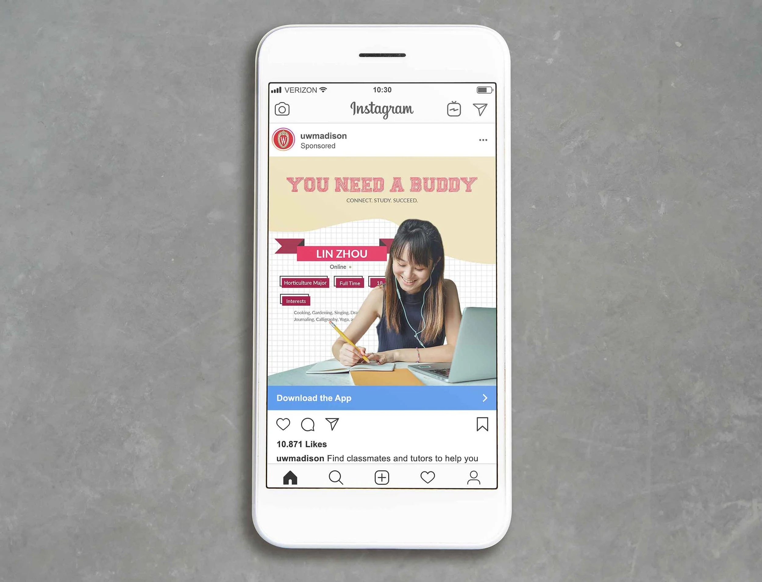 Social media advertisement on phone for a concept app showing a student, books, and ‘You Need a Buddy’ in the background