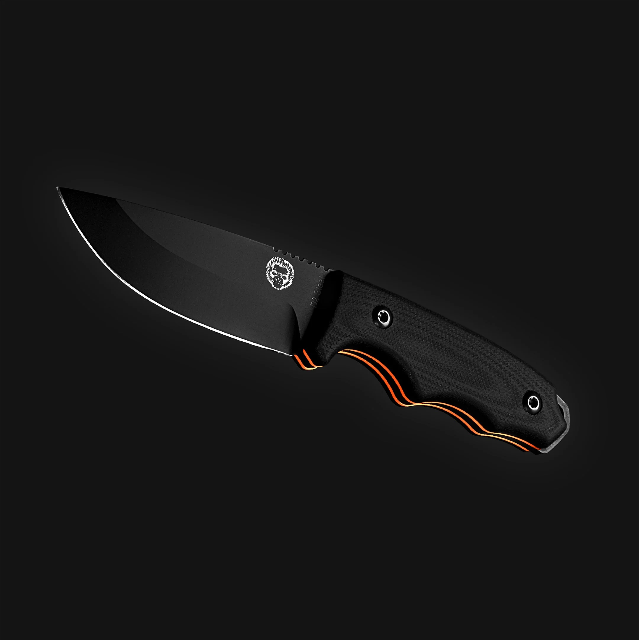 Black tactical knife with a partially serrated edge lying against a black background.