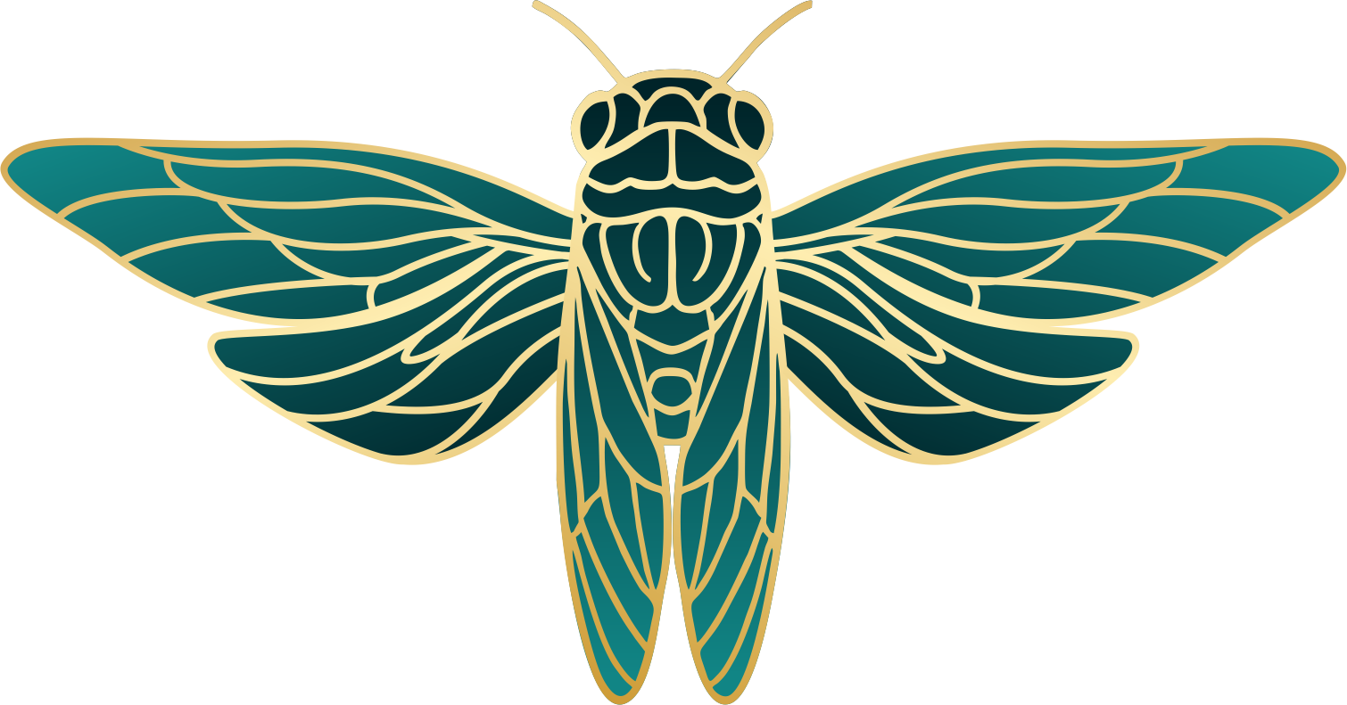 Stylized illustration of a cicada with detailed wings and body, in shades of teal and gold.