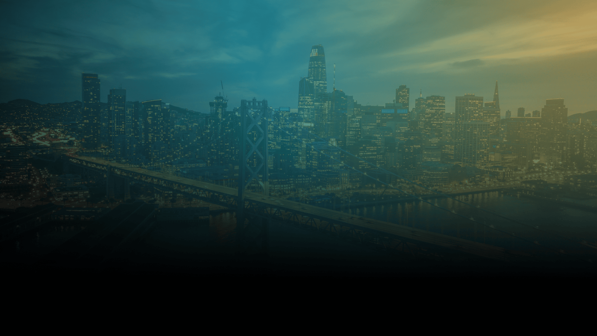 City skyline of San Francisco at dusk with illuminated buildings and Bay Bridge in the foreground.