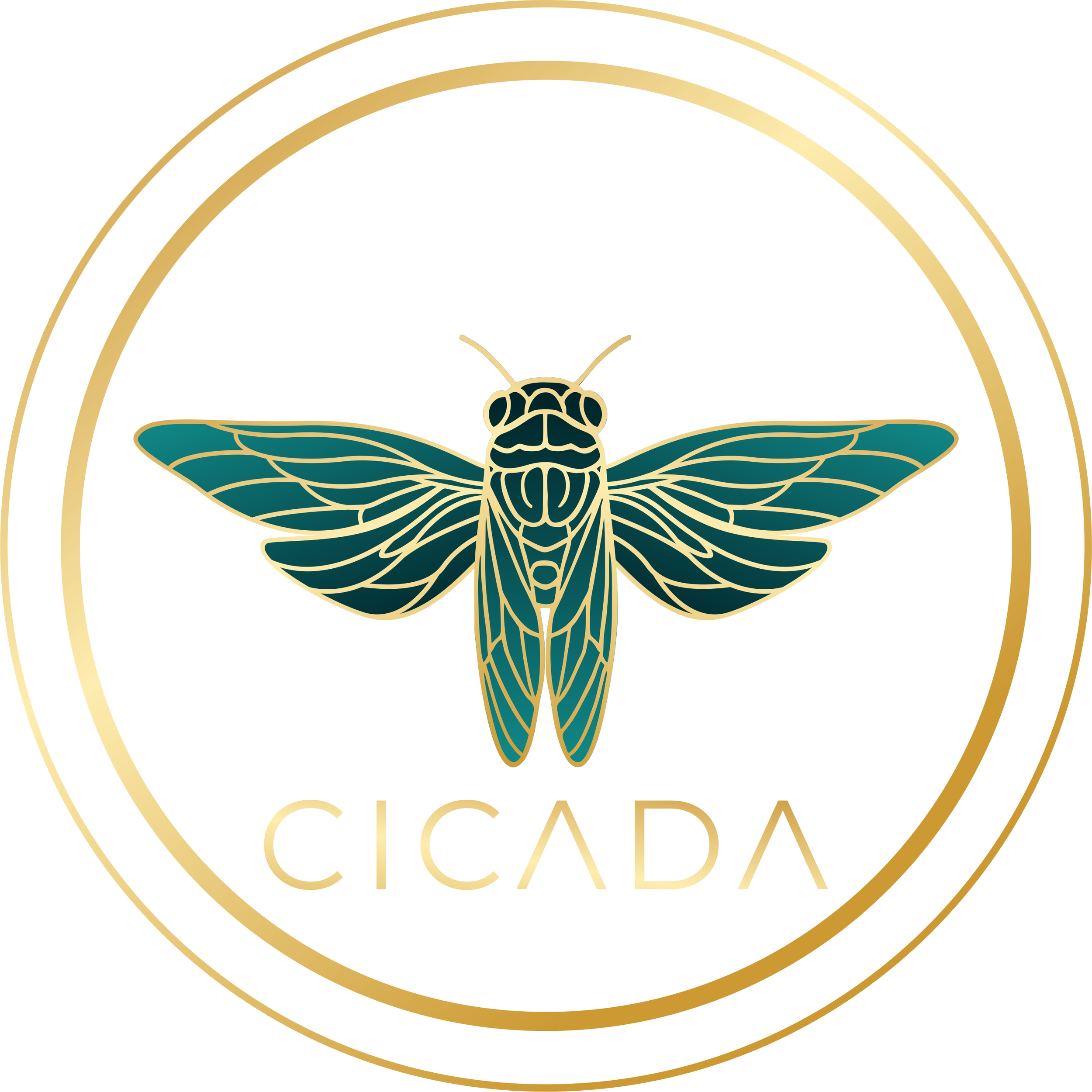 A stylized cicada illustration with the word 'CICADA' below it, surrounded by a circular golden border.