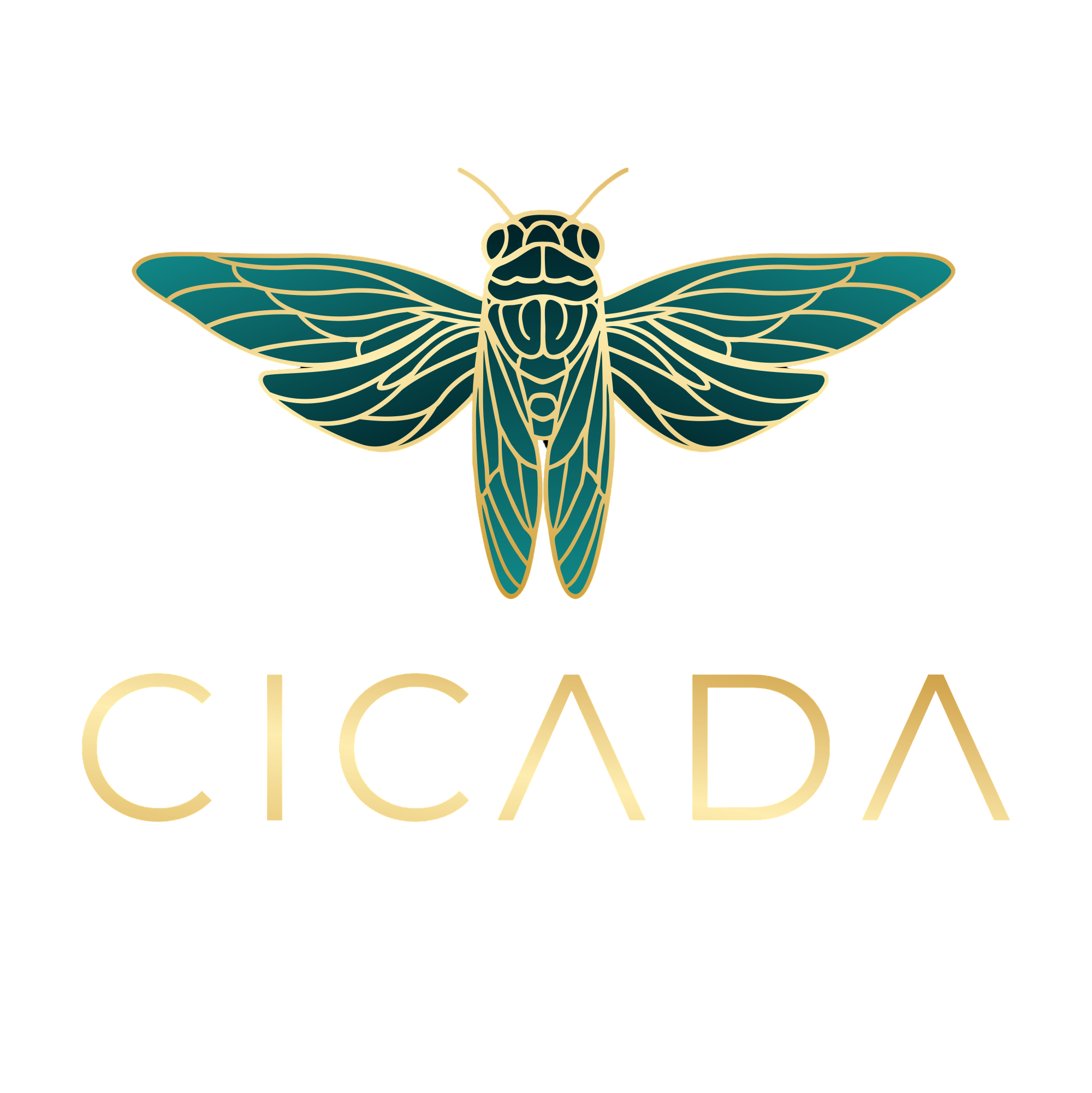 Gold and teal logo of CICADA, featuring a stylized cicada insect with outstretched wings above the company name in gold lettering.