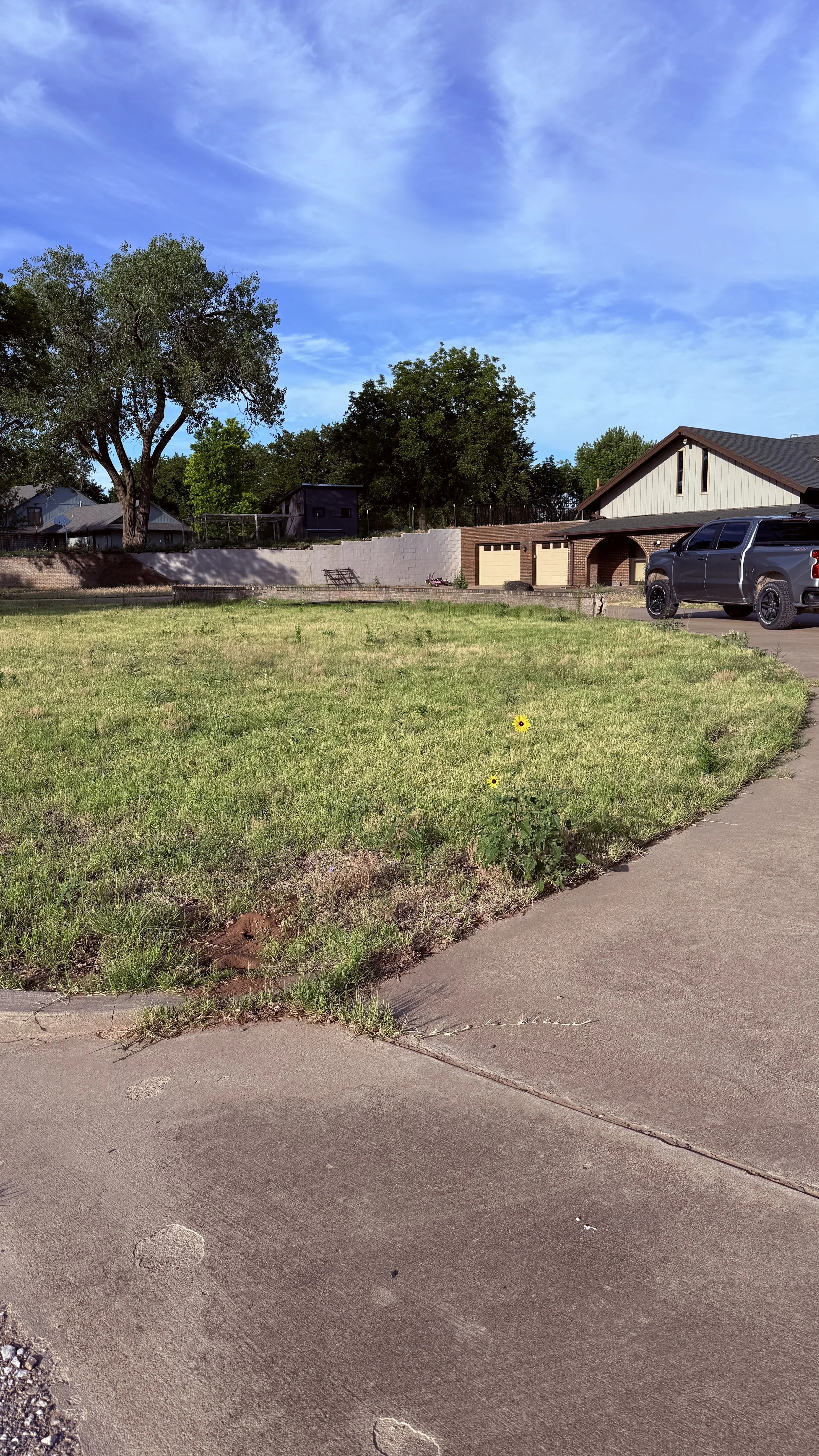 A suburban backyard with a grassy lawn, a concrete sidewalk, a black pick-up truck parked in the driveway, a two-story house with a brown roof and beige siding, trees, and a brick wall in the background with a blue sky with some clouds.