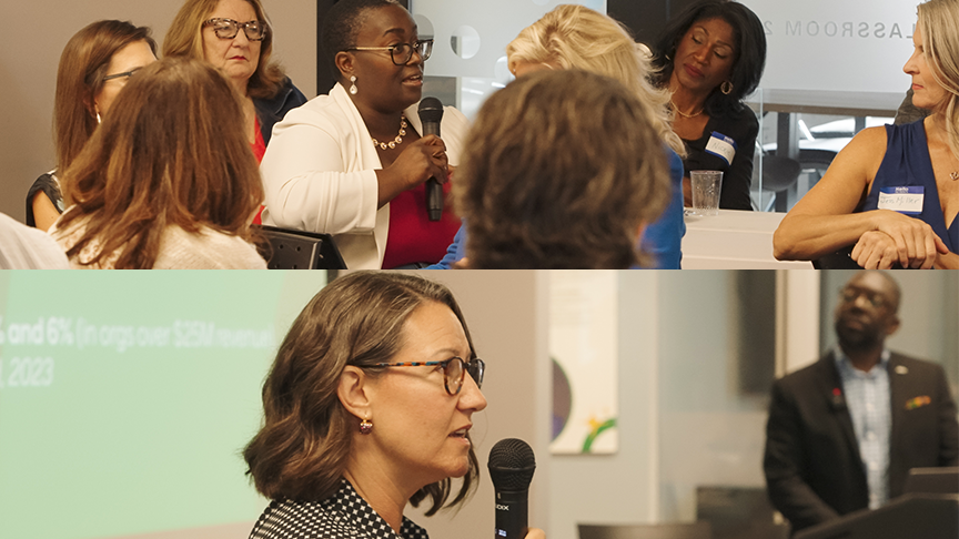 Two groups of women participating in a professional event. The top group has women seated around a table with one woman standing and speaking into a microphone. The bottom part shows a woman with glasses speaking into a microphone during a presentation, with a man in a suit standing in the background.