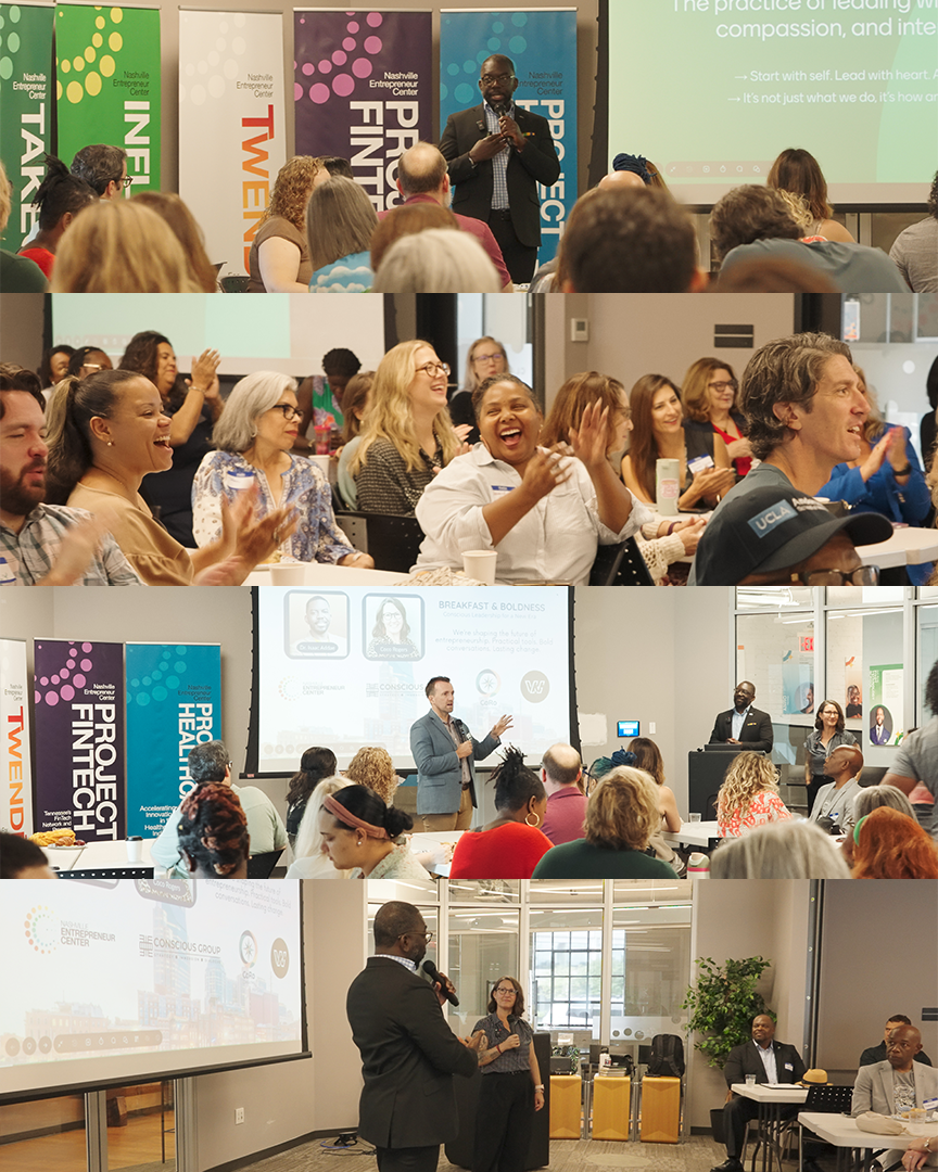 Images of professional speaking engagements and audience at the Nashville Entrepreneur Center, featuring multiple presenters at different events with slides and banners.