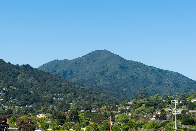 A scenic view of a green, forested mountain range under a clear blue sky.