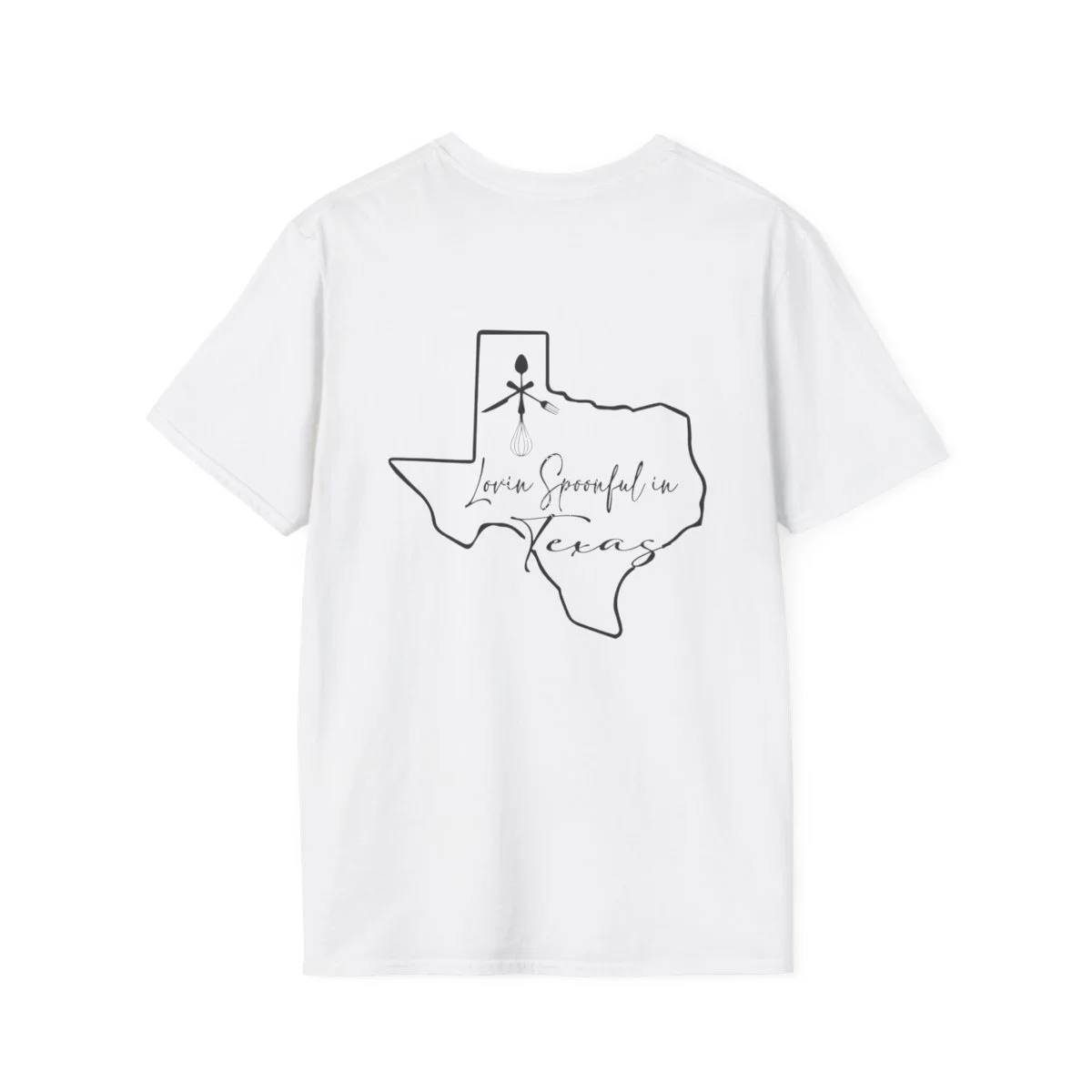 White T-shirt with a black outline of the state of Texas and the text "Loving Spoonful in Texas" written inside.