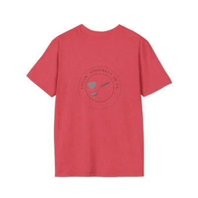 Red T-shirt with a circular logo featuring a spoon, a heart, and text that reads 'Spoon University'.