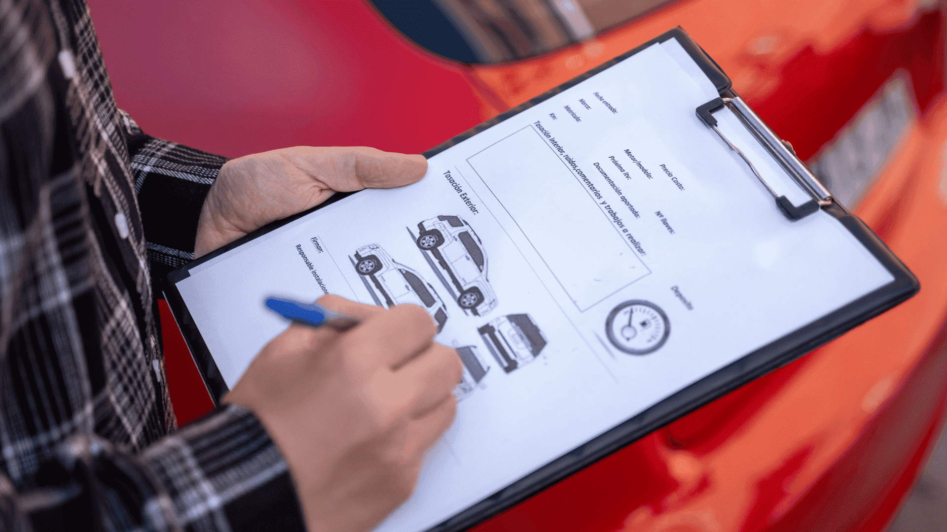 Person filling out a car inspection report on a clipboard, with images of a car from different angles on the paper.