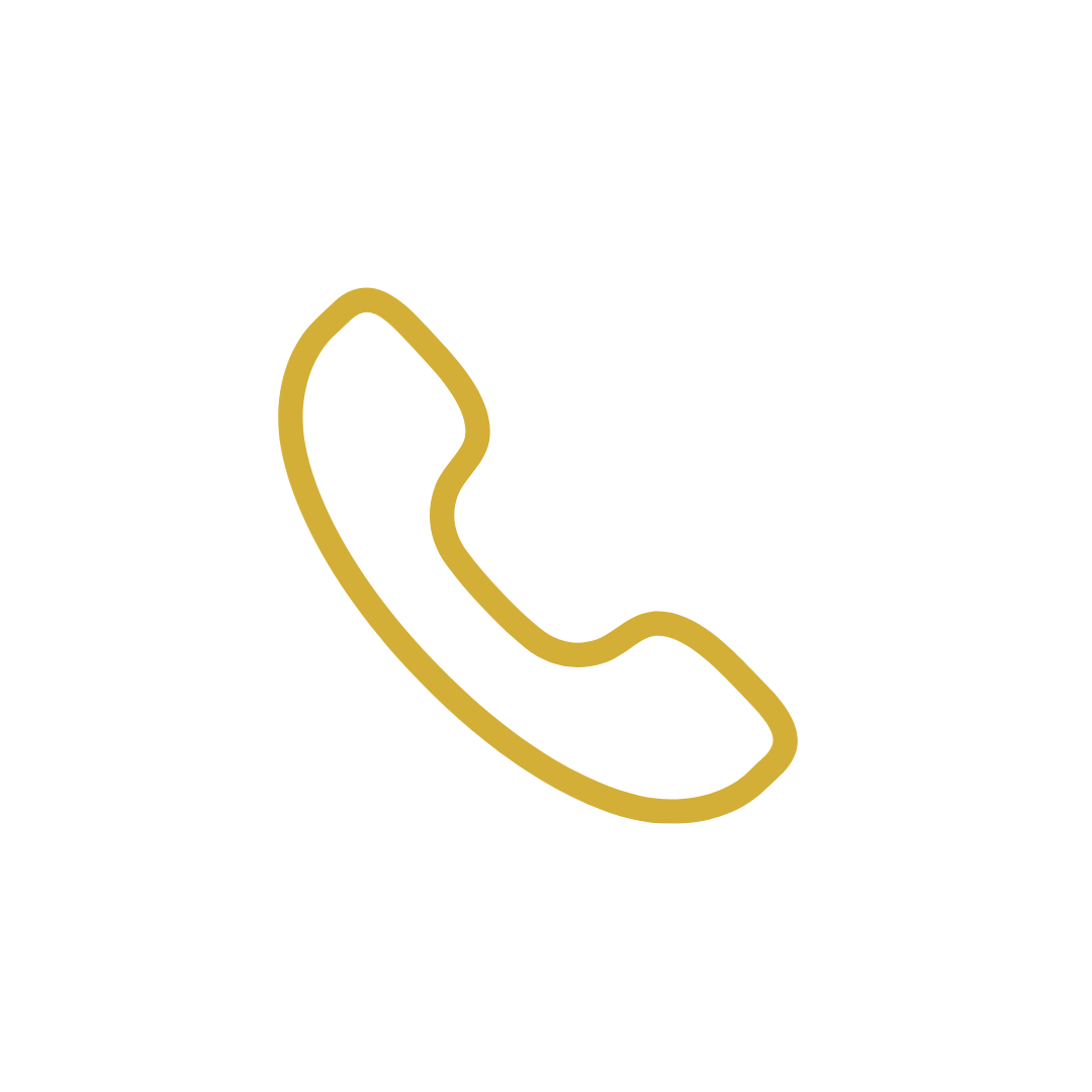 Icon of a telephone receiver outlined in gold on a black background.