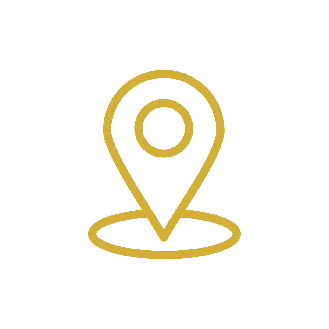 Golden outlined map pin icon on a black background.