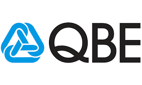 QBE logo with a blue triangular symbol and black text 'QBE'.