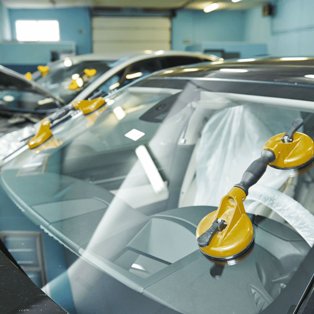 A calibration tool attached to the inside of a car windshield in a vehicle repair shop.