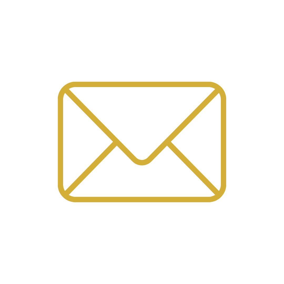 Gold outline envelope icon on black background.