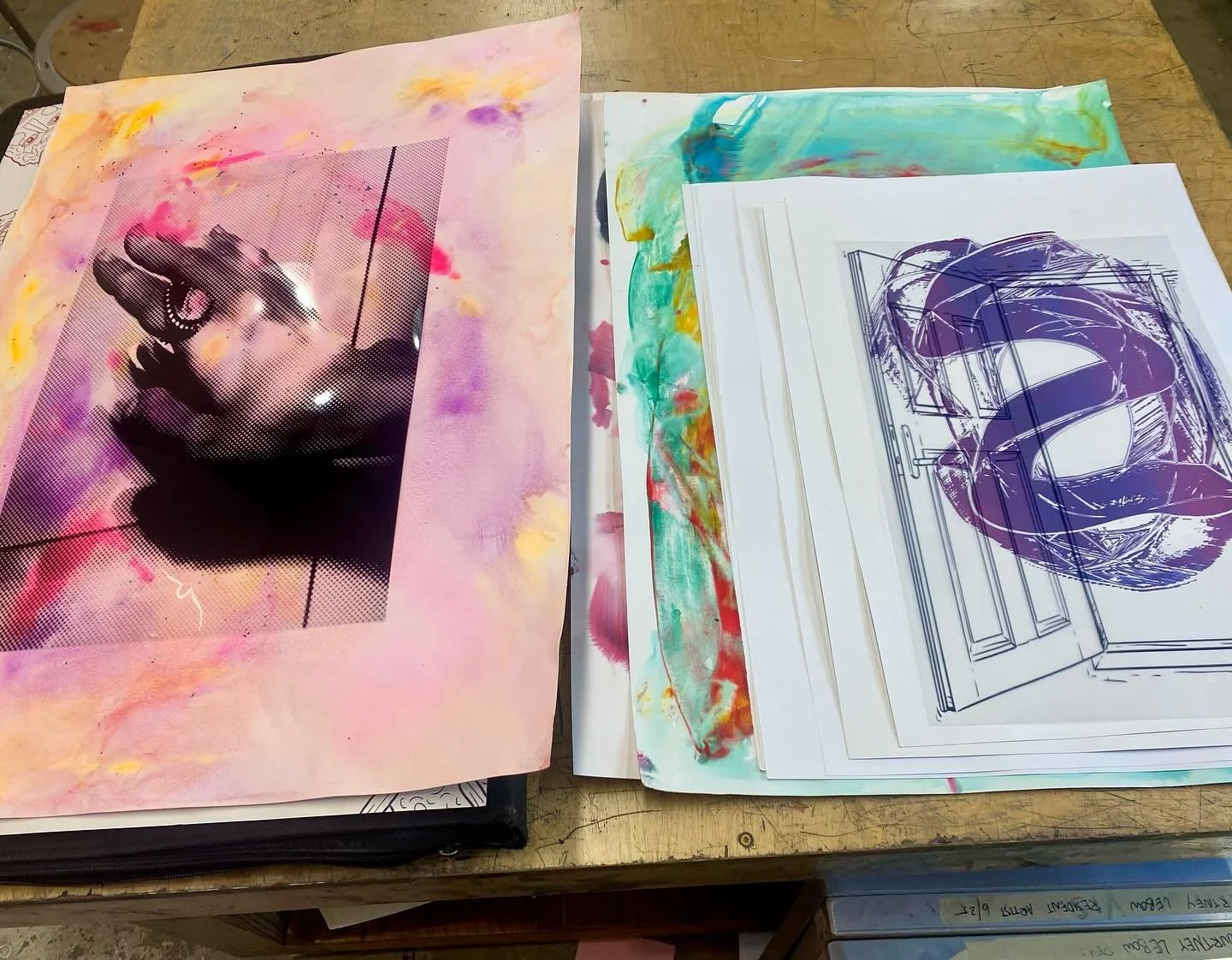 In progress screen prints, layering on top of some watercolors I made, let&rsquo;s see where it takes me, outcome unknown 🌌