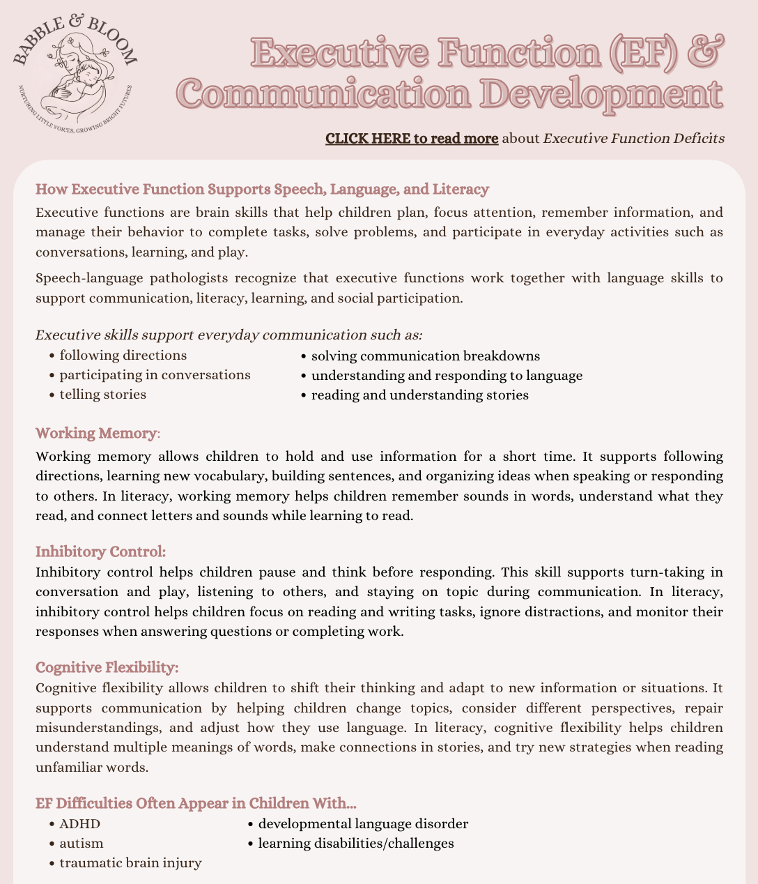 Graphic explaining how executive functions support speech, language, and literacy, including brain skills for children, and conditions such as ADHD, autism, and traumatic brain injury.