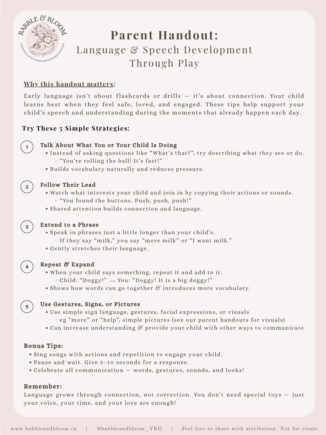 Parent handout titled "Language & Speech Development Through Play" from Babble & Bloom, includes tips and strategies for supporting children’s language skills, such as talking about what the child is doing, following their lead, extending phrases, repeating and expanding words, and using gestures or pictures.