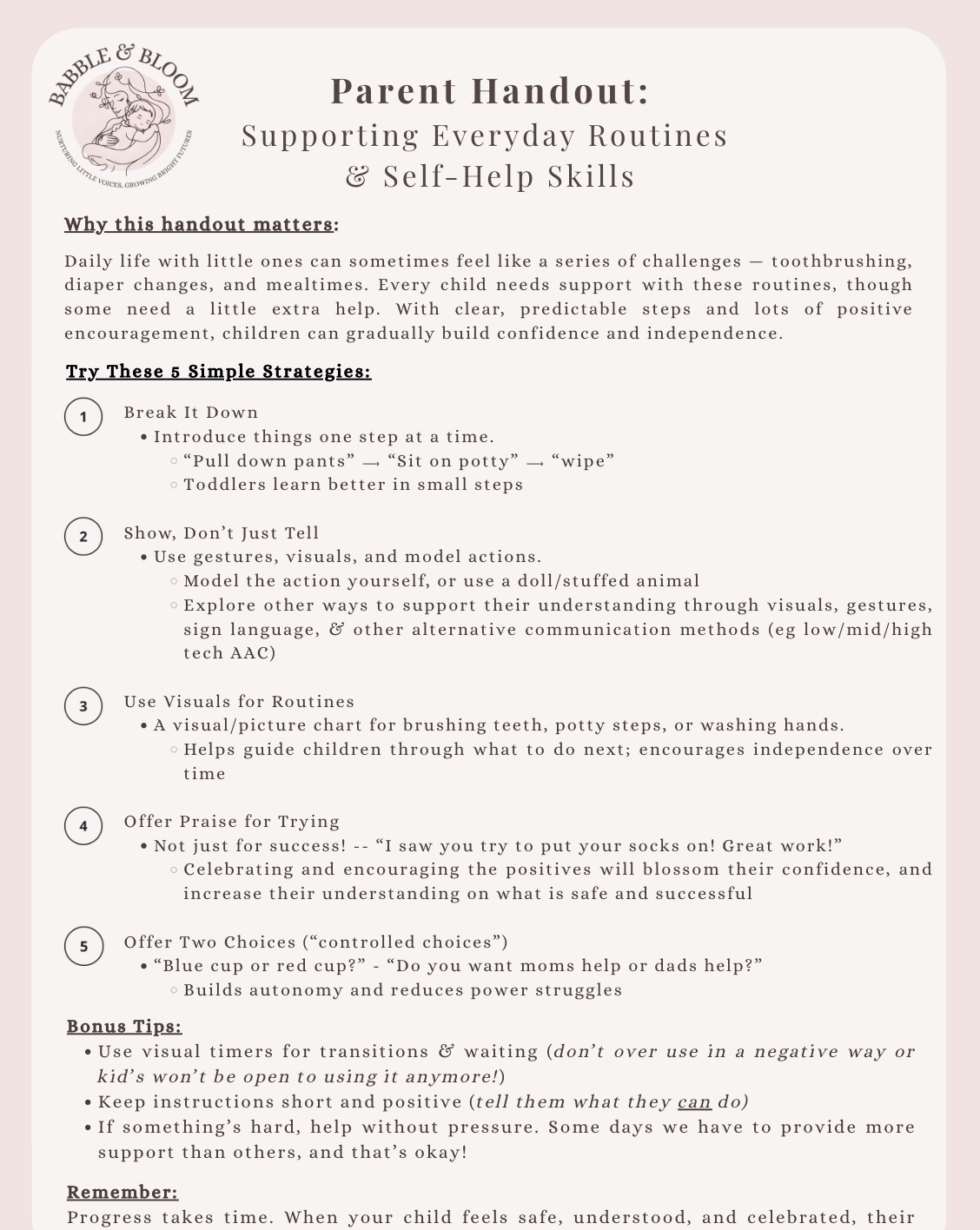Parent handout titled "Supporting Everyday Routines & Self-Help Skills" with a logo of a mother holding a child. Contains five strategies for supporting routines and self-help skills in children, including breaking tasks down, using visuals, offering praise, offering two choices, and bonus tips for transitions. The handout emphasizes encouragement, independence, and positive reinforcement.