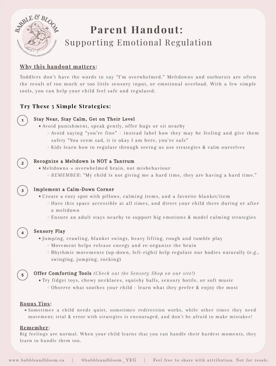 Parent handout titled 'Supporting Emotional Regulation' from Babble & Bloom, with strategies for managing toddler meltdowns, including staying calm, recognizing meltdowns, creating calming spaces, sensory play, offering comforting tools, and additional tips.