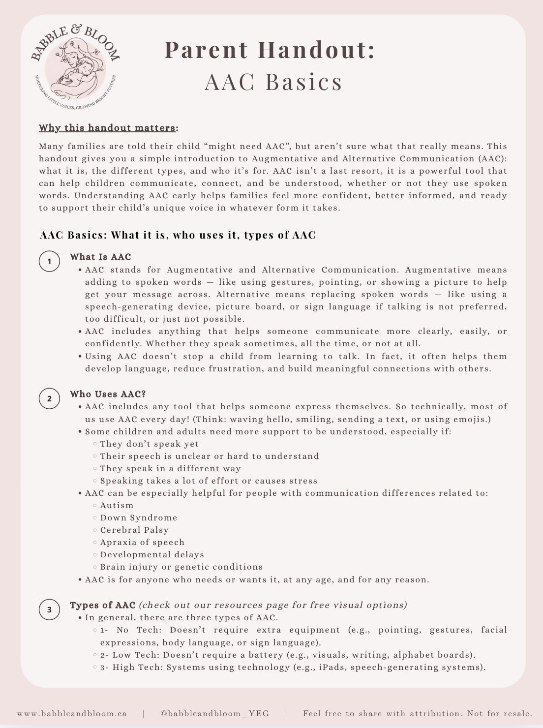 Parent handout titled "AAC Basics" from Babble & Bloom, explaining augmentative and alternative communication, who uses it, and types of AAC systems.