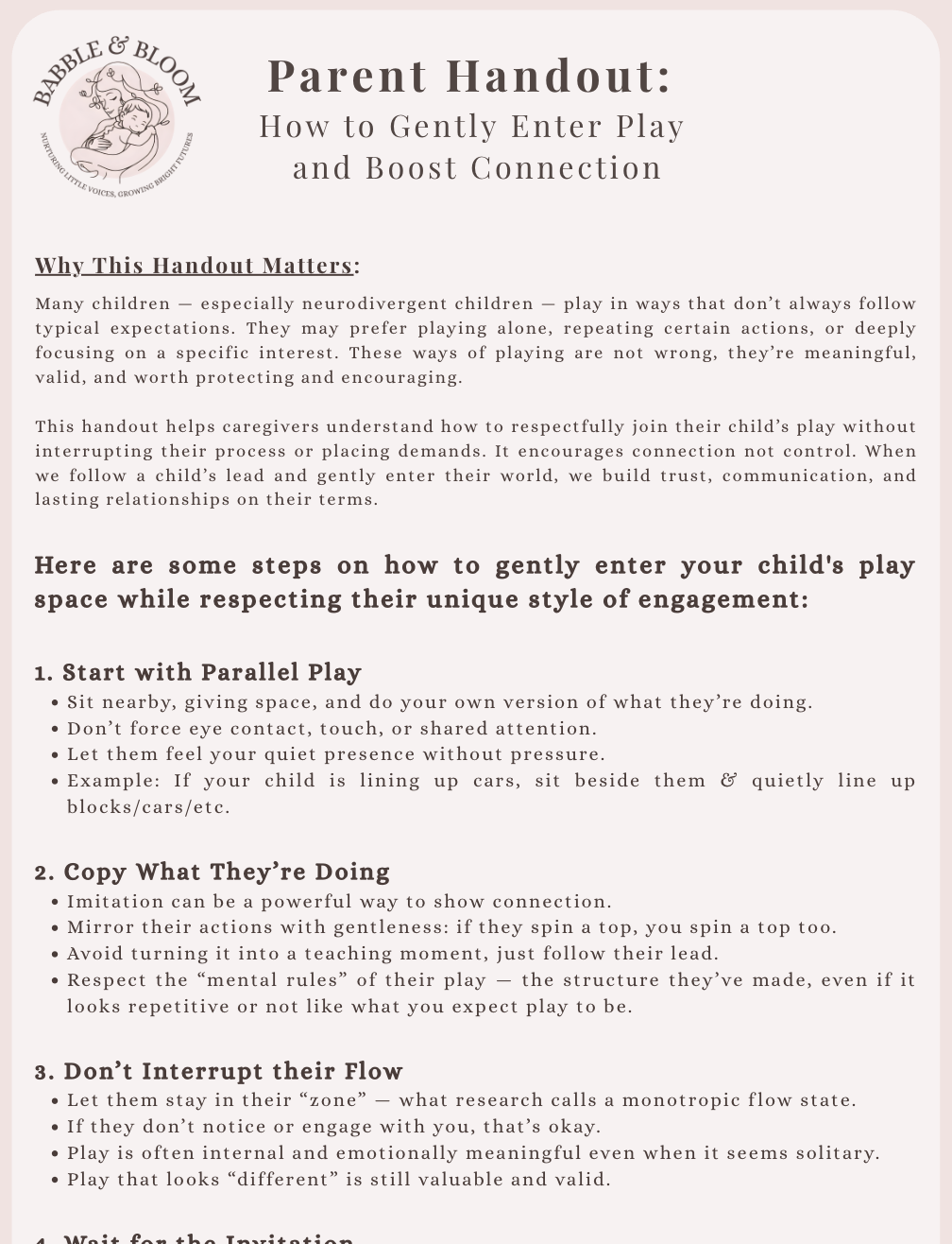 Parent handout titled "How to Gently Enter Play and Boost Connection" with a logo for Babble & Bloom featuring an illustration of a caregiver holding a child.
