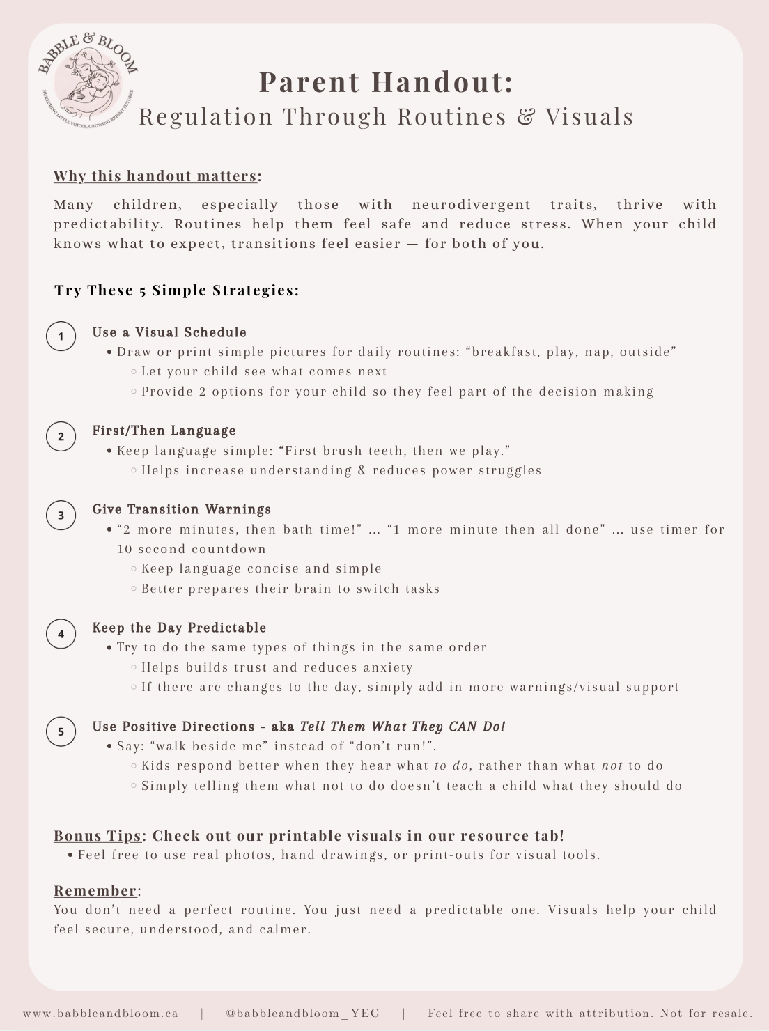 Parent handout titled "Regulation Through Routines & Visuals" from Babble & Bloom, providing strategies for managing children's routines and behaviors with tips on visual schedules, simple language, transition warnings, predictability, positive directions, and resources.