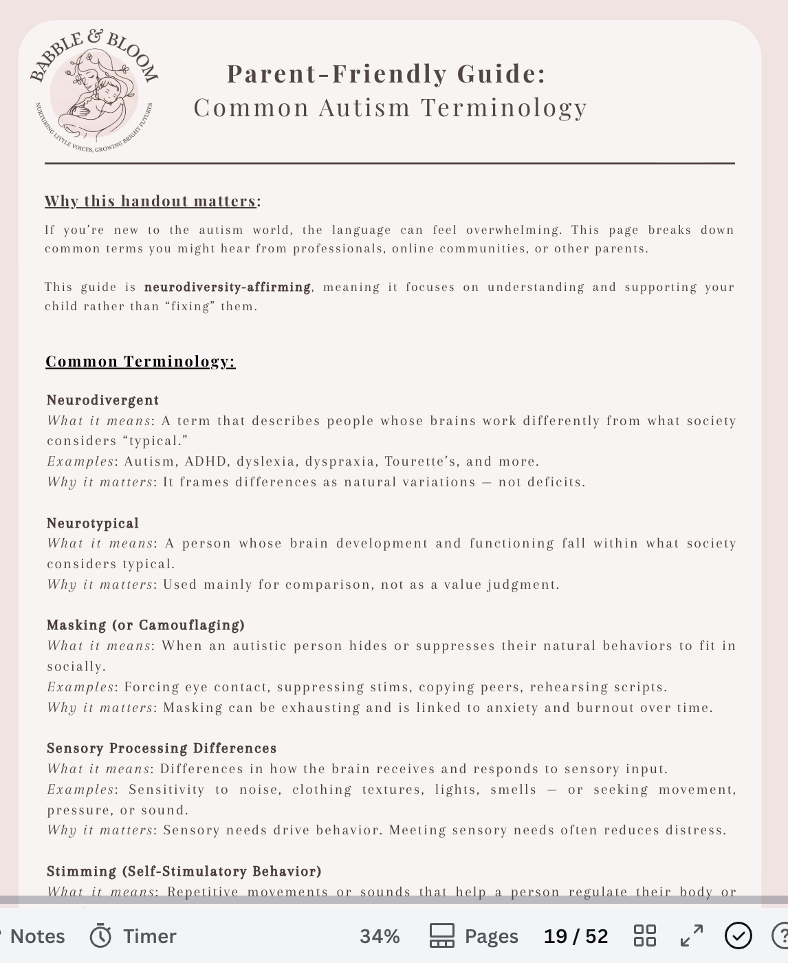 A parent-friendly guide titled 'Common Autism Terminology' depicting definitions of neurodivergent, neurotypical, masking, sensory processing differences, and stimming.
