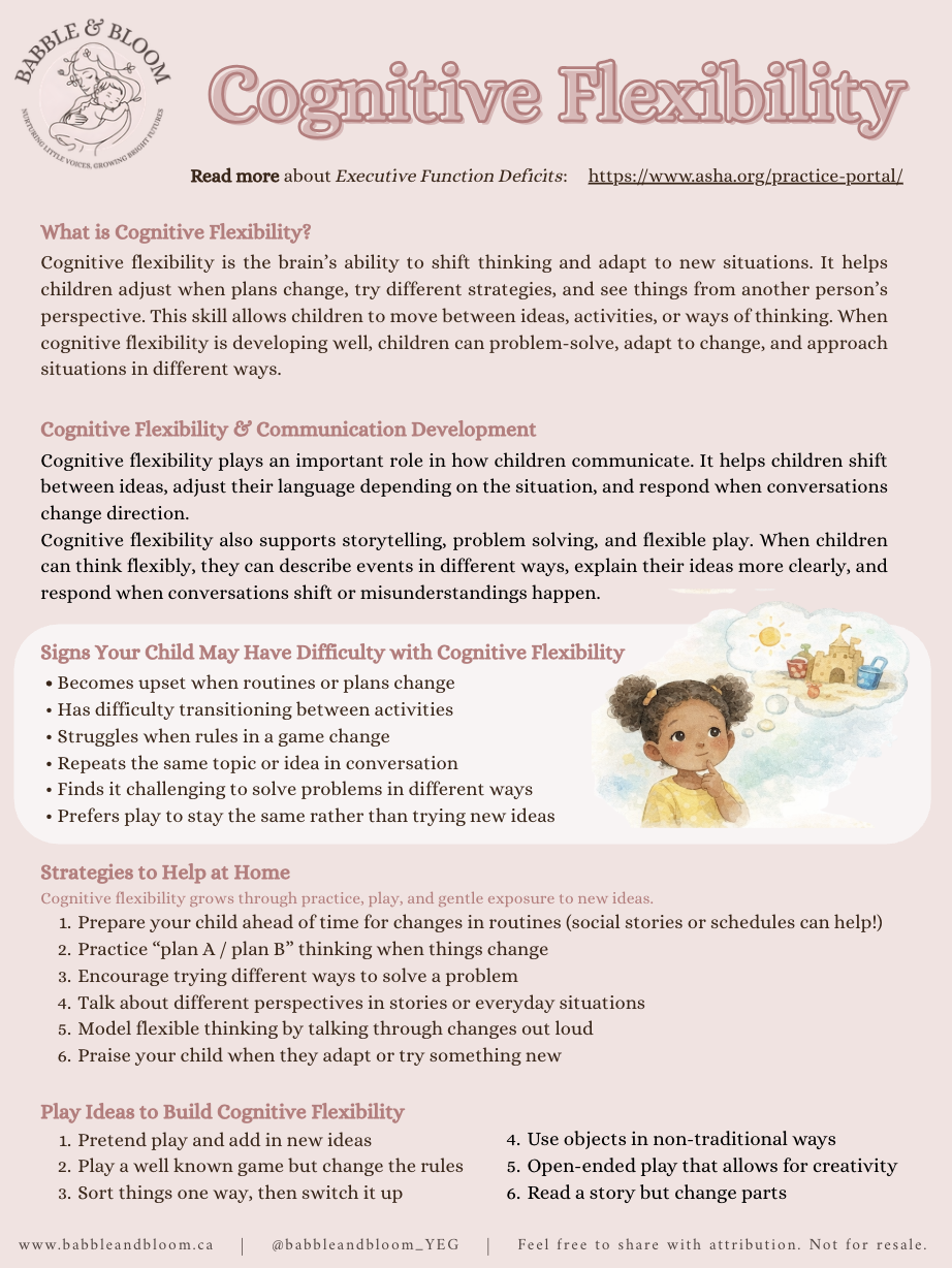 Infographic on cognitive flexibility for children with information on its definition, development, signs of difficulty, strategies at home, and play ideas, featuring a young girl with pigtails and a thought bubble with a sandcastle and toys.