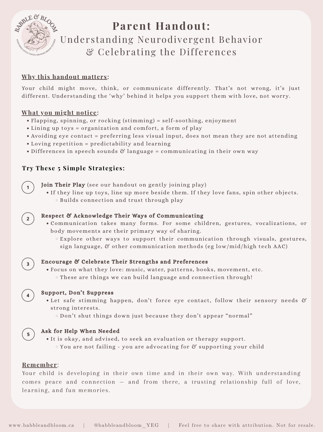 Parent handout titled "Understanding Neurodivergent Behavior & Celebrating the Differences" with a logo in the top left corner showing a child and a flower, and containing sections with tips for supporting neurodiverse children, including strategies like joining play, respecting communication, celebrating strengths, not suppressing, and seeking help.