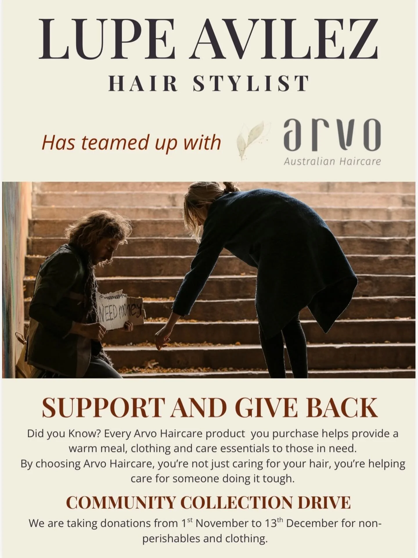 🌟 Support and Give Back 🌟
We are excited to announce that Lupe Avilez - Hair Stylist has teamed up with Arvo Australian Haircare to make a difference! 💇&zwj;♀️✨

For every Arvo Haircare product purchased, a portion goes to providing warm meals, cl
