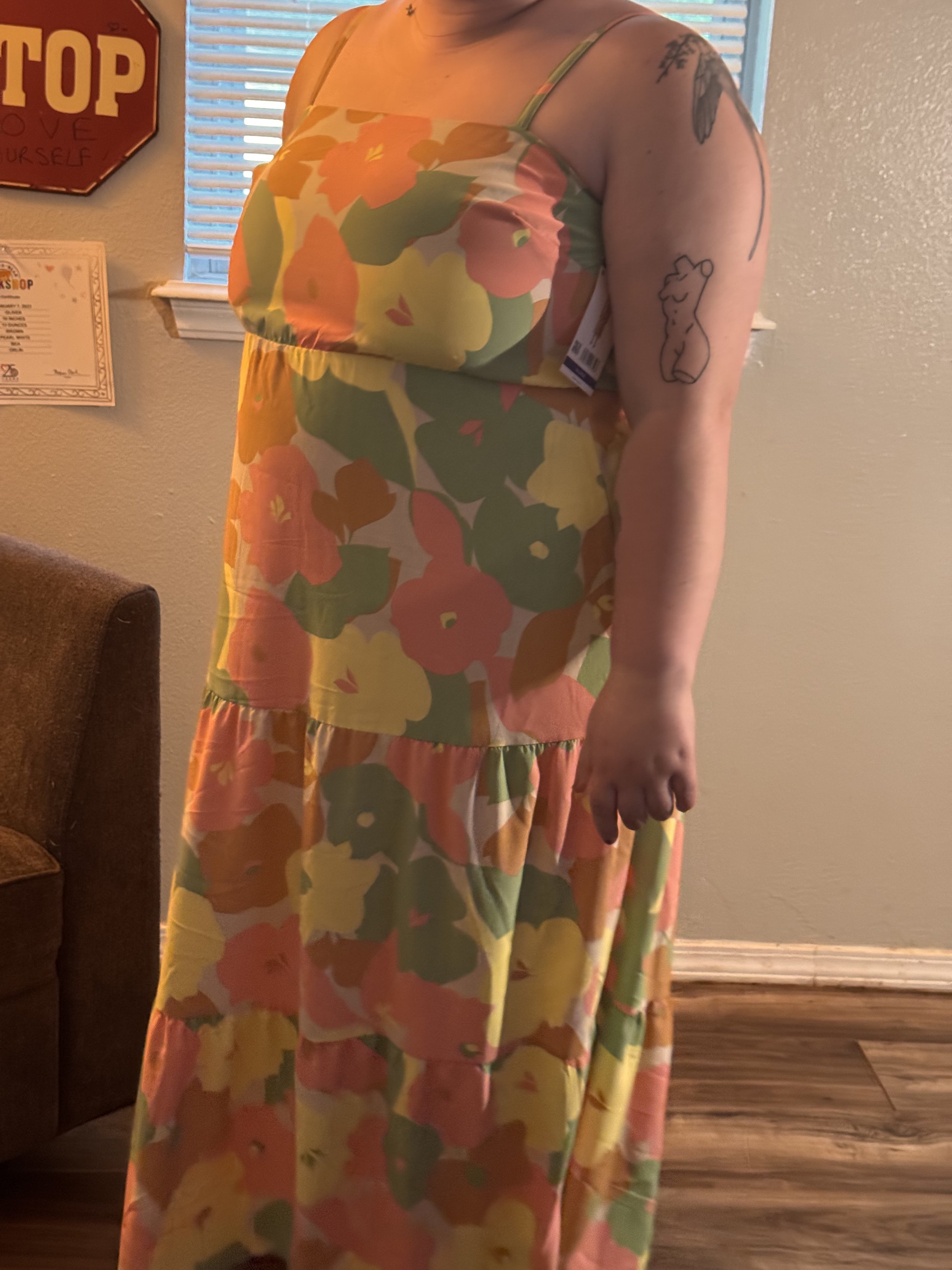 a light colored floral dress