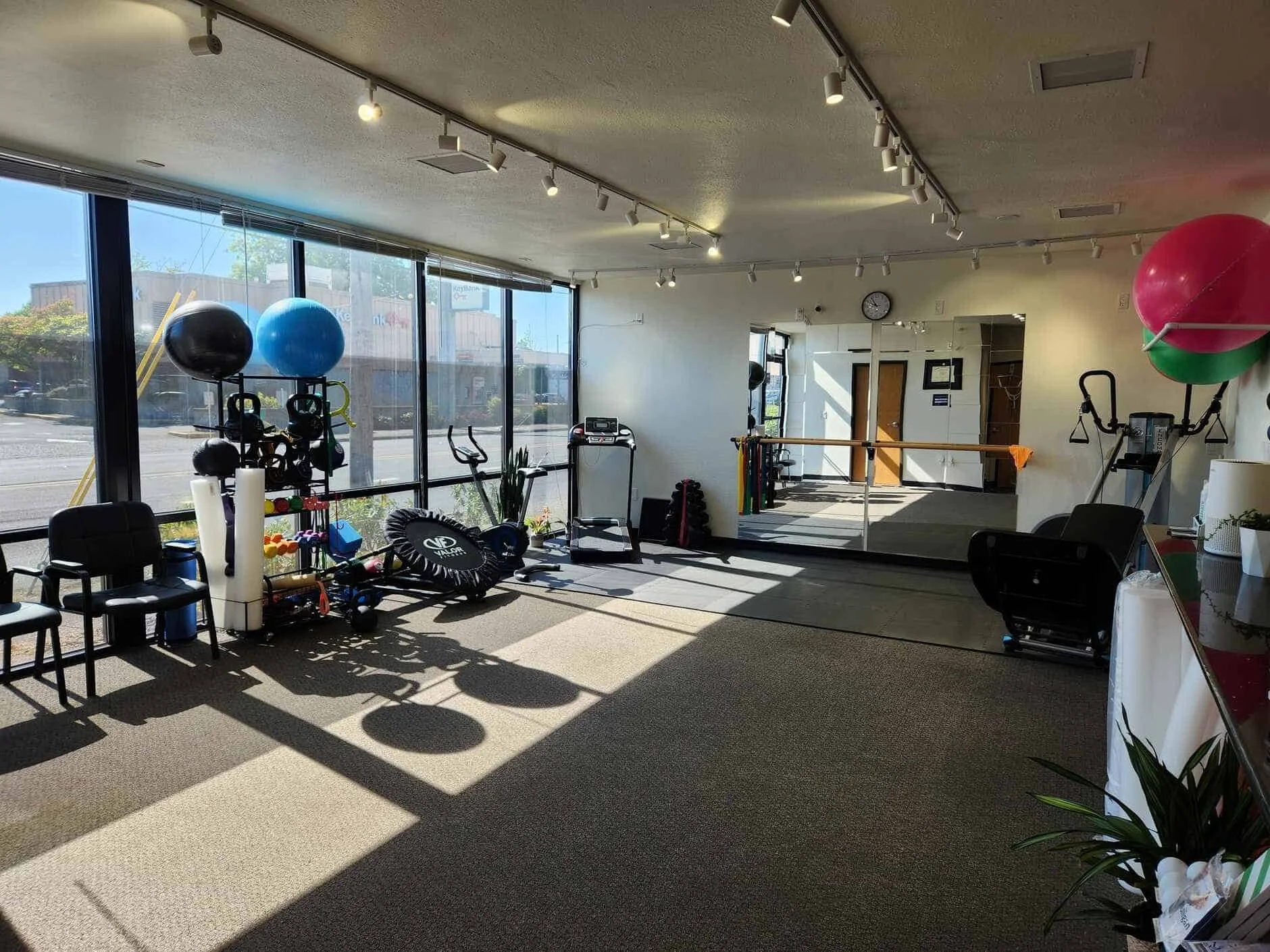 Physical Therapy clinic with large windows, exercise equipment, stability balls, weights, a trampoline, and a mirrored wall with a ballet barre. Sunlight streams in, casting shadows on the carpeted floor.
