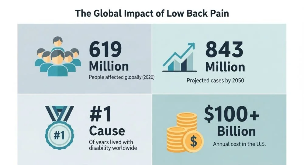 Infographic about the global impact of low  back pain. 3 essential exercises for lasting low back pain relief.