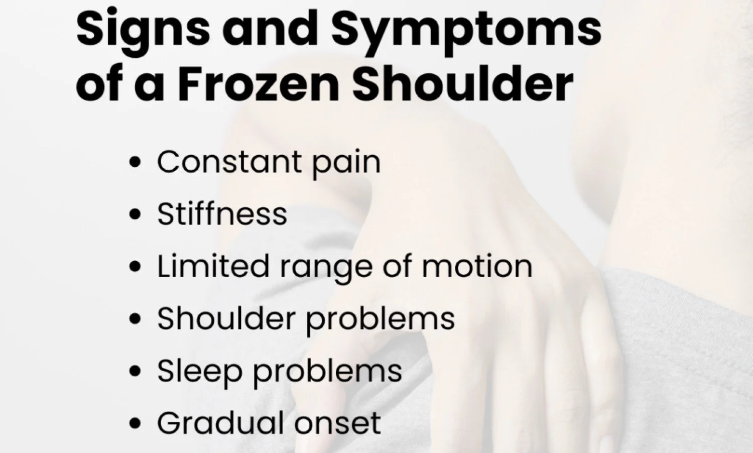 Infographic about the signs and symptoms of frozen shoulder aka adhesive capsulitis