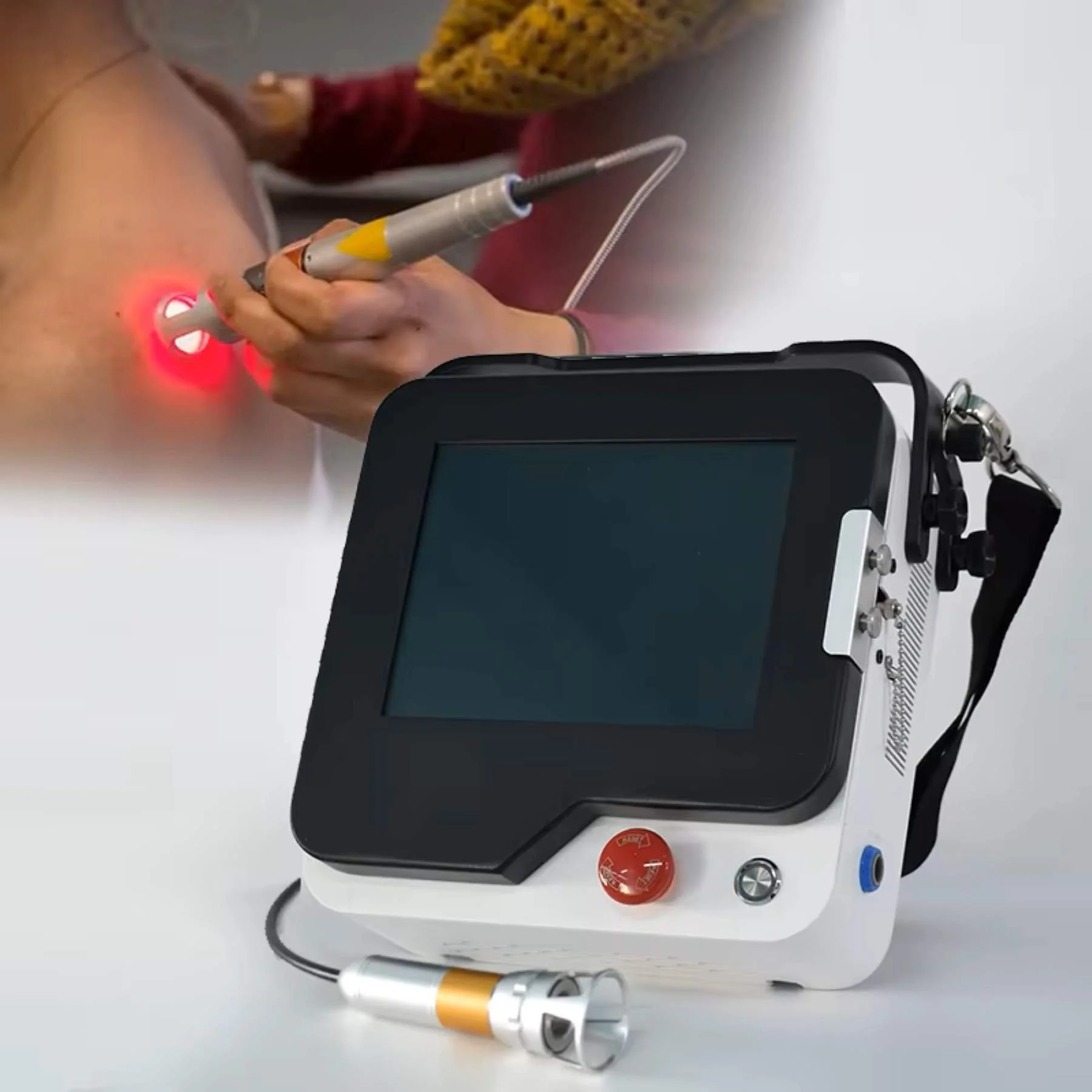 An image of a high-intensity laser therapy device and of the modality being used on a patient's shoulder.