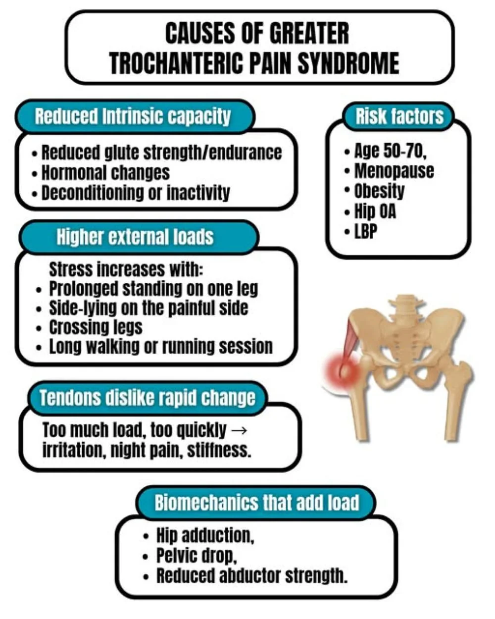An infographic about the causes of greater trochanteric pain syndrome, including gluteal tendinopathy