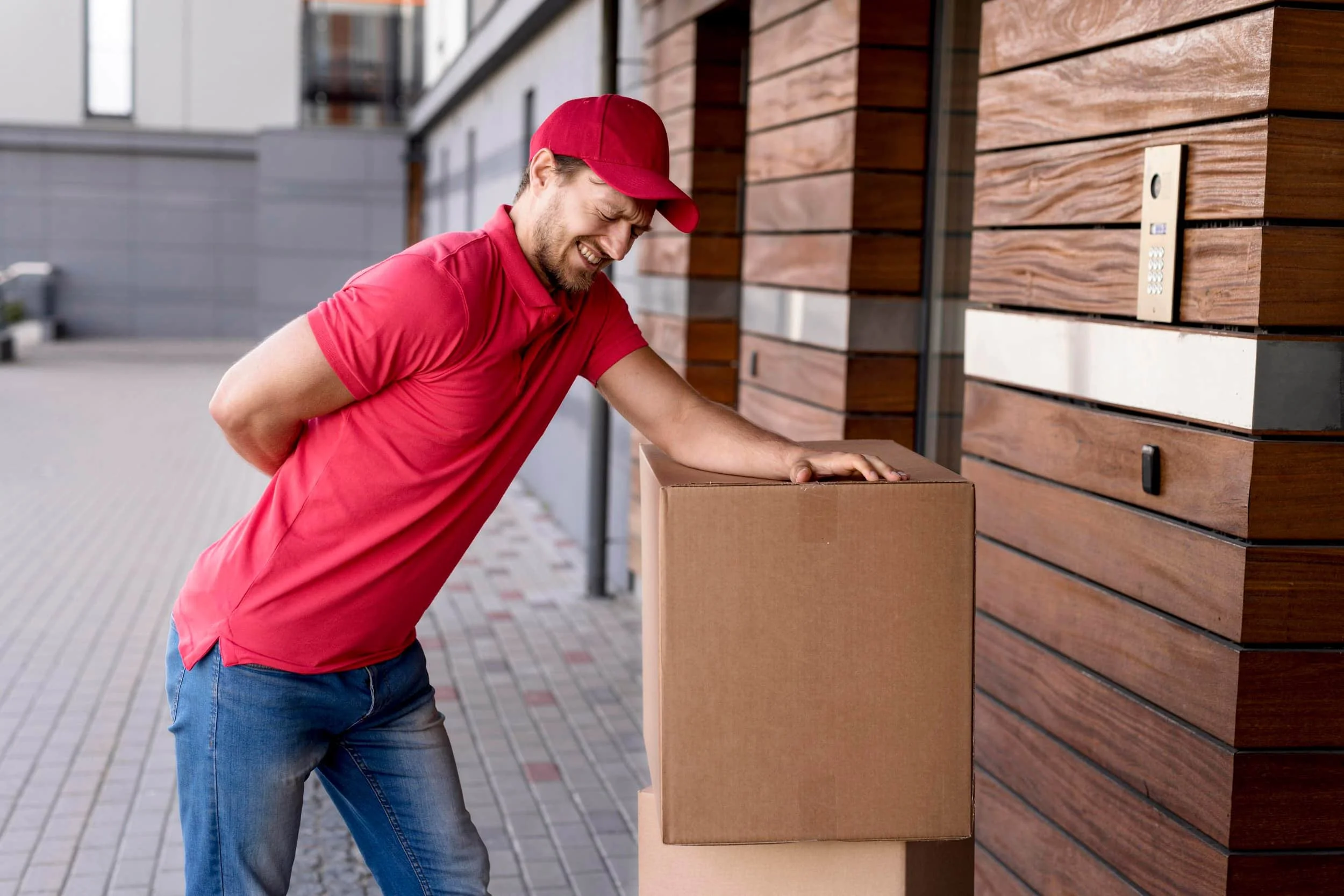 A delivery worker holds their low back in pain from repeatedly lifting boxes.