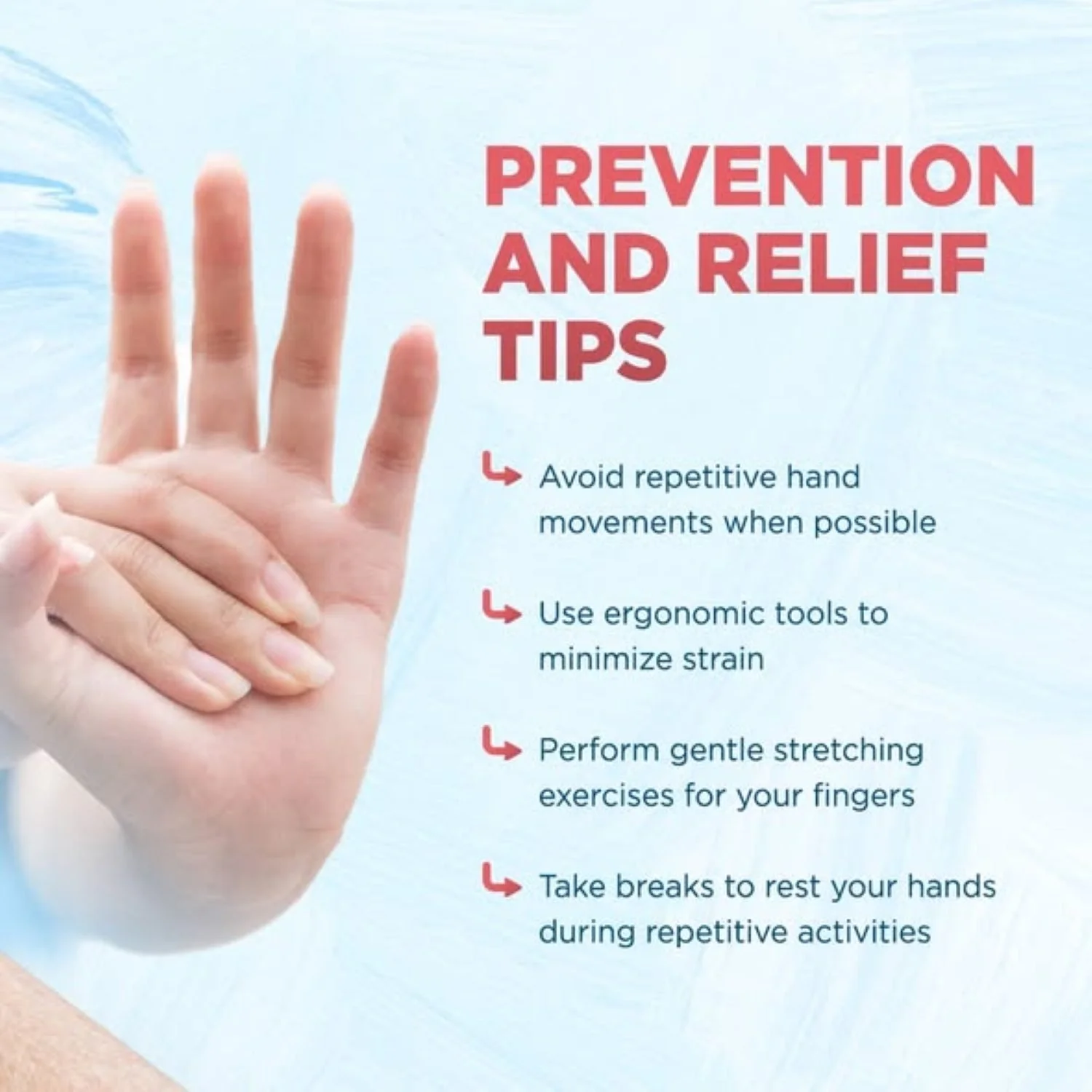 Infographic about prevention and relief for trigger finger and trigger thumb.