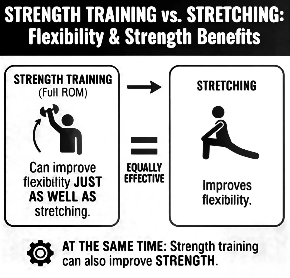 Infographic comparing strength training to stretching. Hint: strength training is superior for rehab, strength building, and just as good for flexibility.