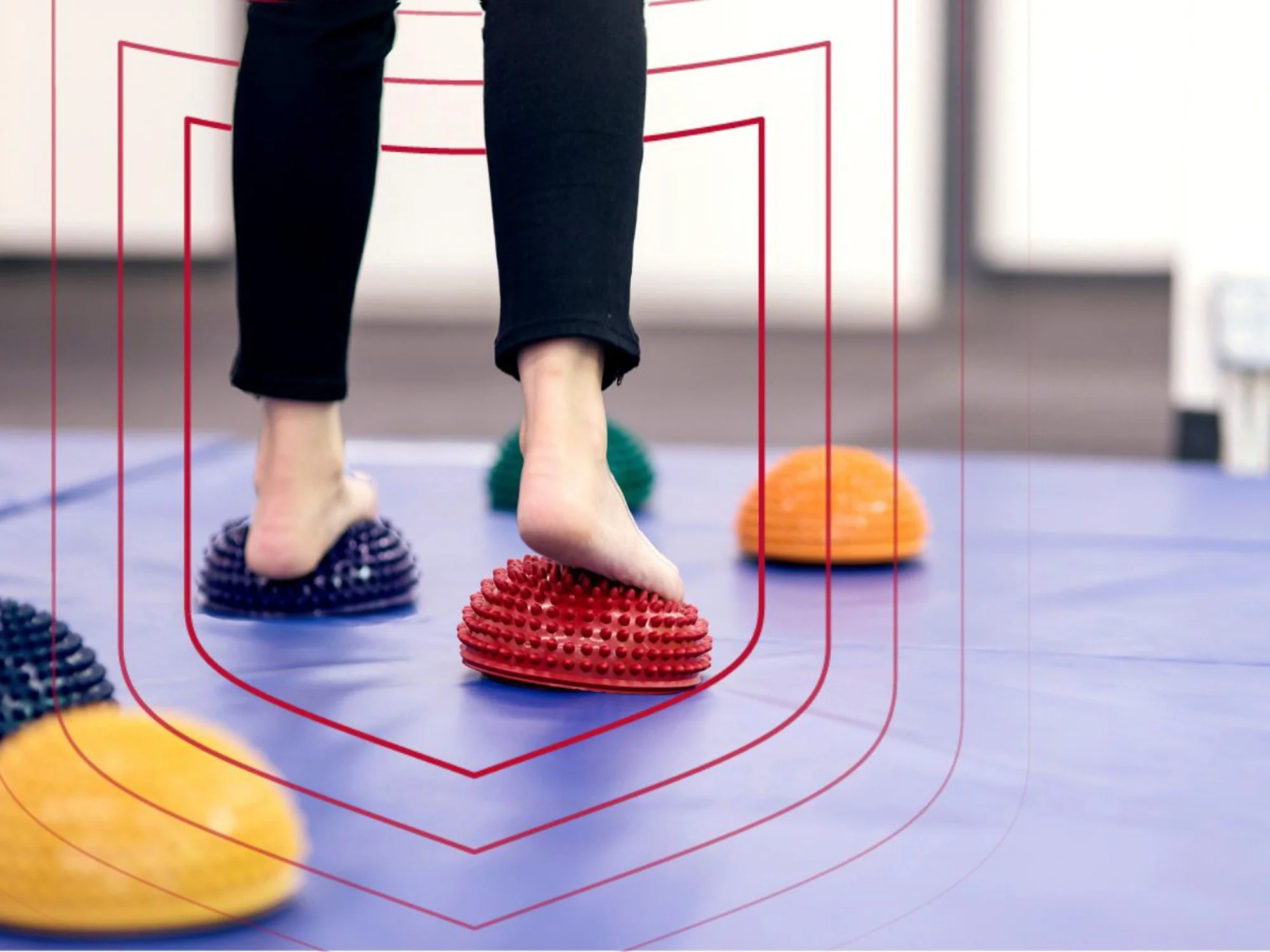 A patient performing somatosensory training to help with recovering from a vestibular concussion