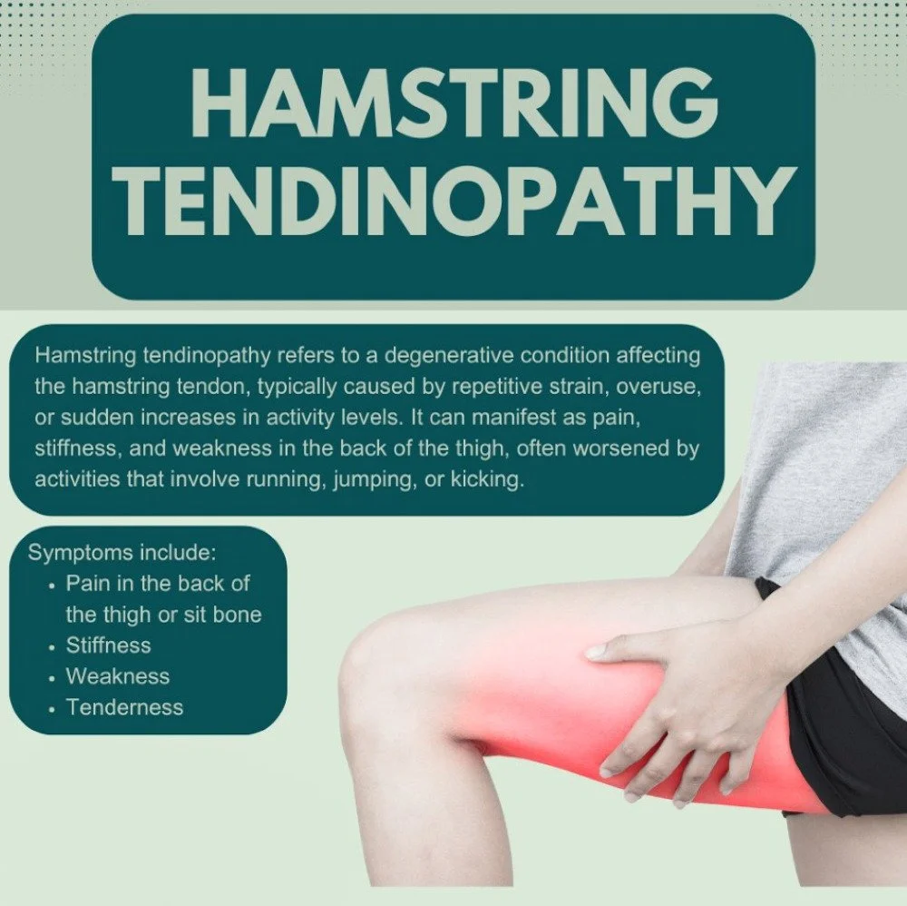 An infographic about hamstring tendinopathy, including causes, presentation, and symptoms