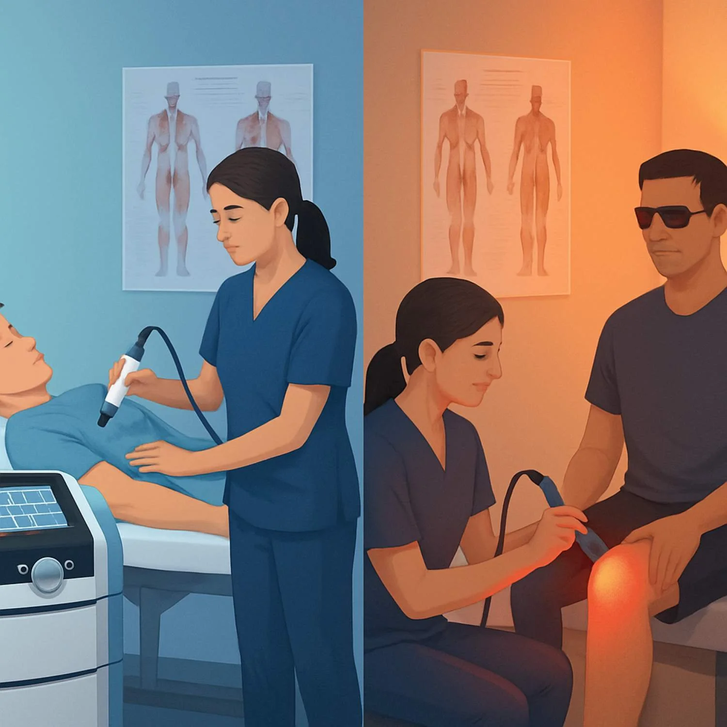 Graphic with side by side images of a patient receiving shockwave therapy on the left, and high power laser therapy on the right as part of a regenerative performance recovery plan.