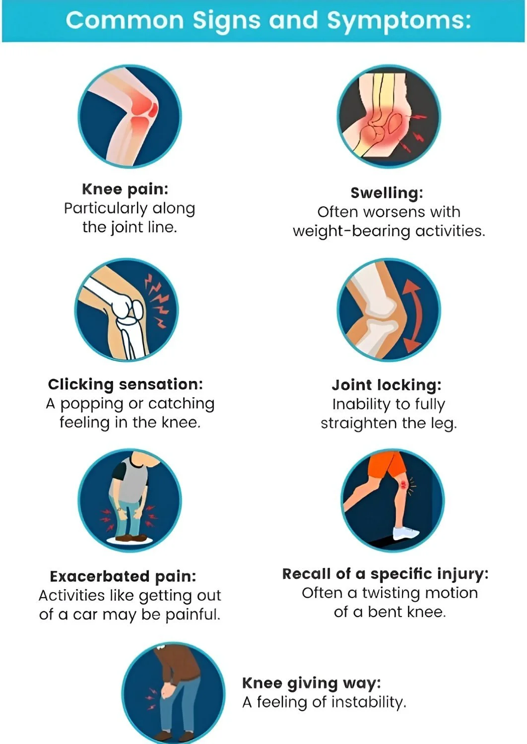 An infographic about common signs and symptoms of knee meniscus pain