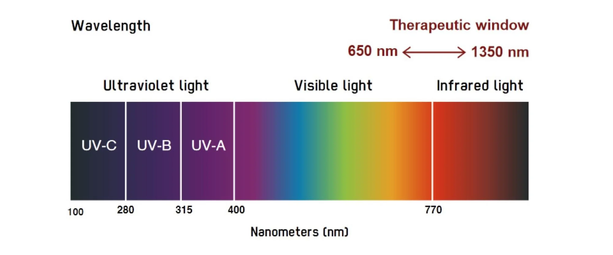 Infographic of the light spectrum from ultra violet to infrared, demonstrating the wavelengths that are therapeutic.