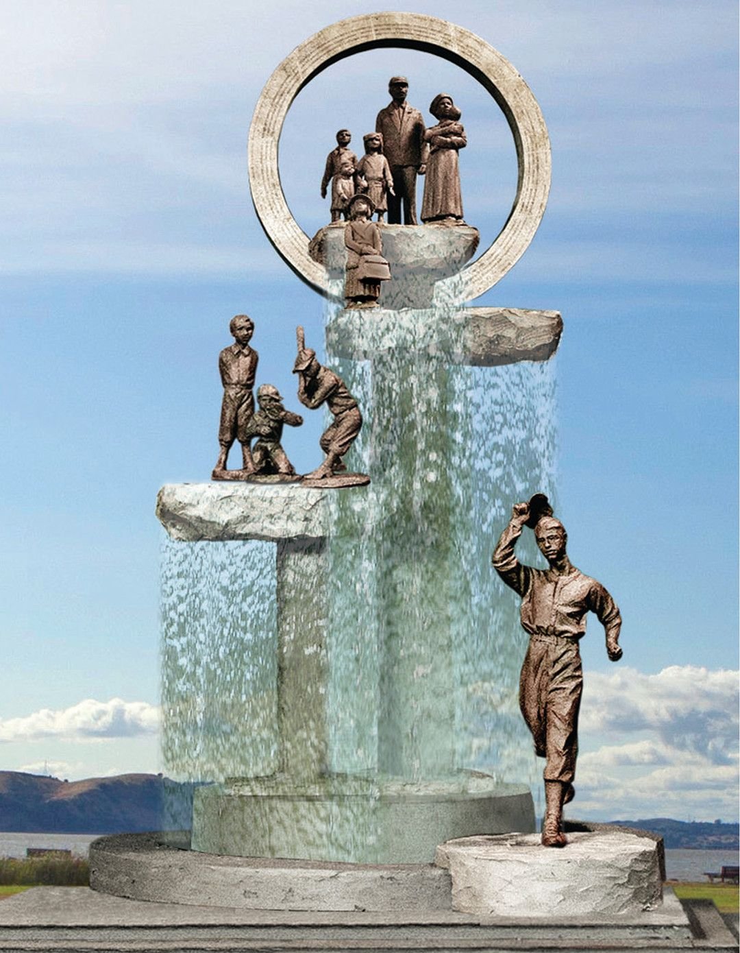 A sculpture depicting a family at the top of a water fountain, with children playing and people standing within a circular structure, water flowing down from the top, set against a background of a blue sky and mountains.