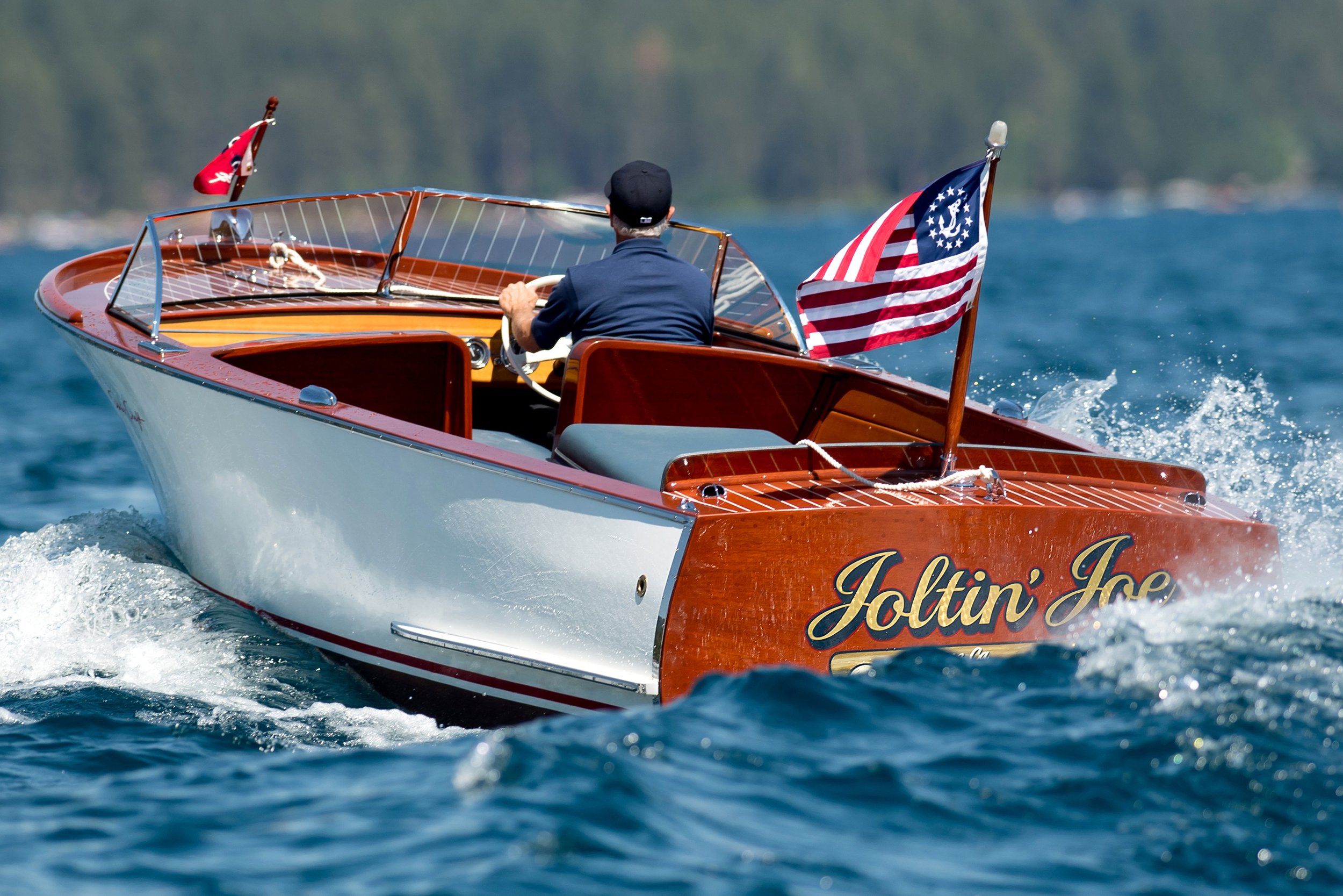 bob cellini driving the joltin joe boat in lake tahoe
