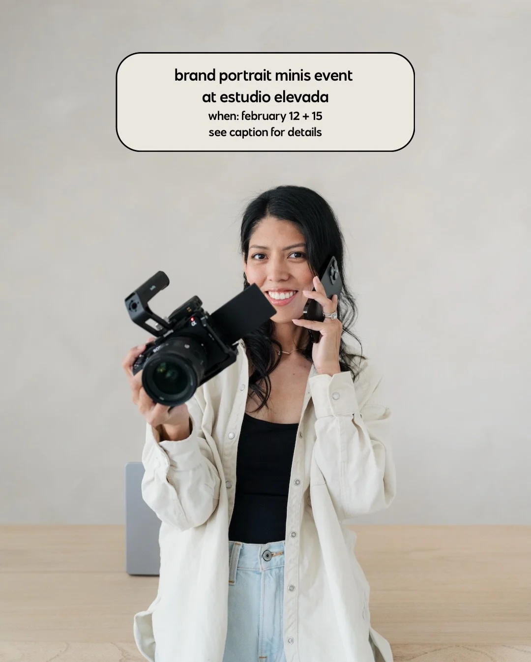 Mini brand sessions are happening at Estudio Elevada! 

When:
February 12th + February 15th 
(time slots available between 9am-12pm)

Think of this as a mini brand shoot:
&bull; effortless direction
&bull; natural movement + posing
&bull; outfit + pr