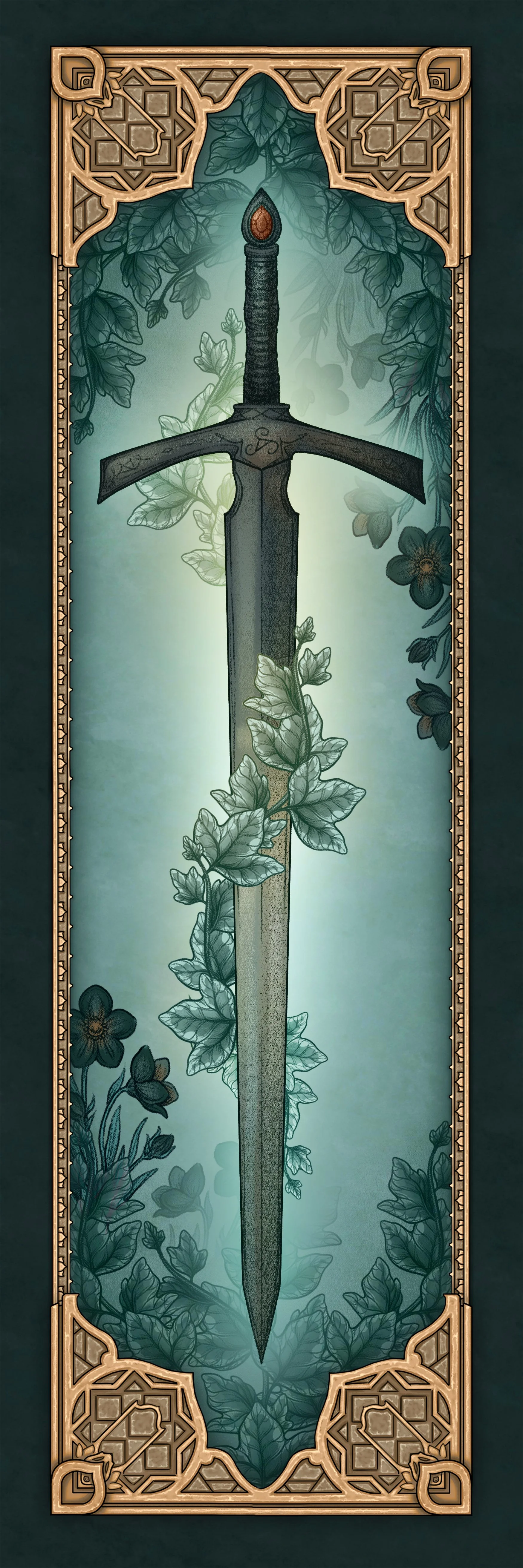 A sword with a black blade and a brown hilt intertwined with green ivy leaves, set against a background of greenery and surrounded by an ornate, gold-colored geometric border.