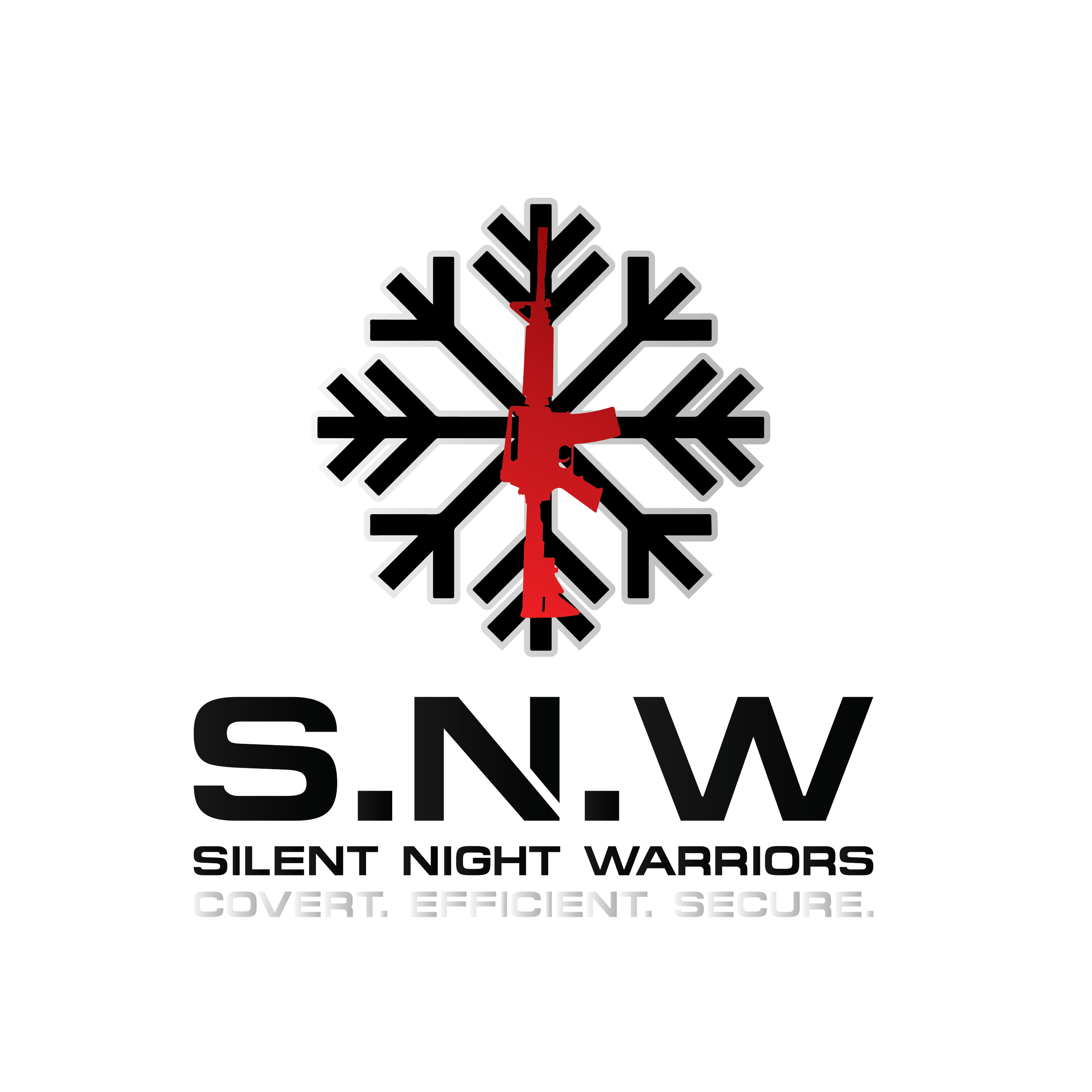 A logo with a snowflake design, a red downward arrow, and the words 'Silent Night Warriors' in bold, with tags like 'cover, efficient, secure'.